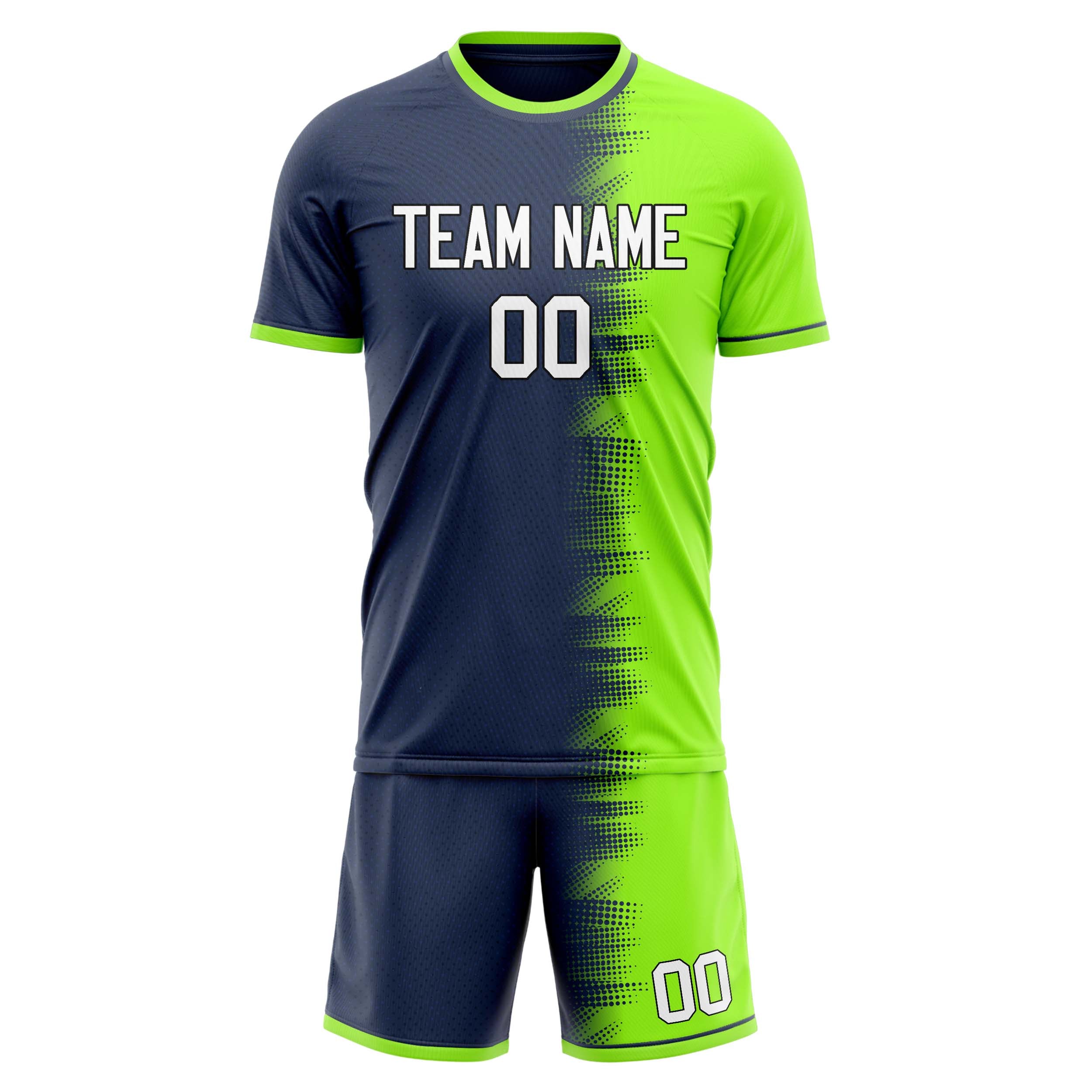 Custom Navy Neon Green GeometricalPattern Soccer Jersey