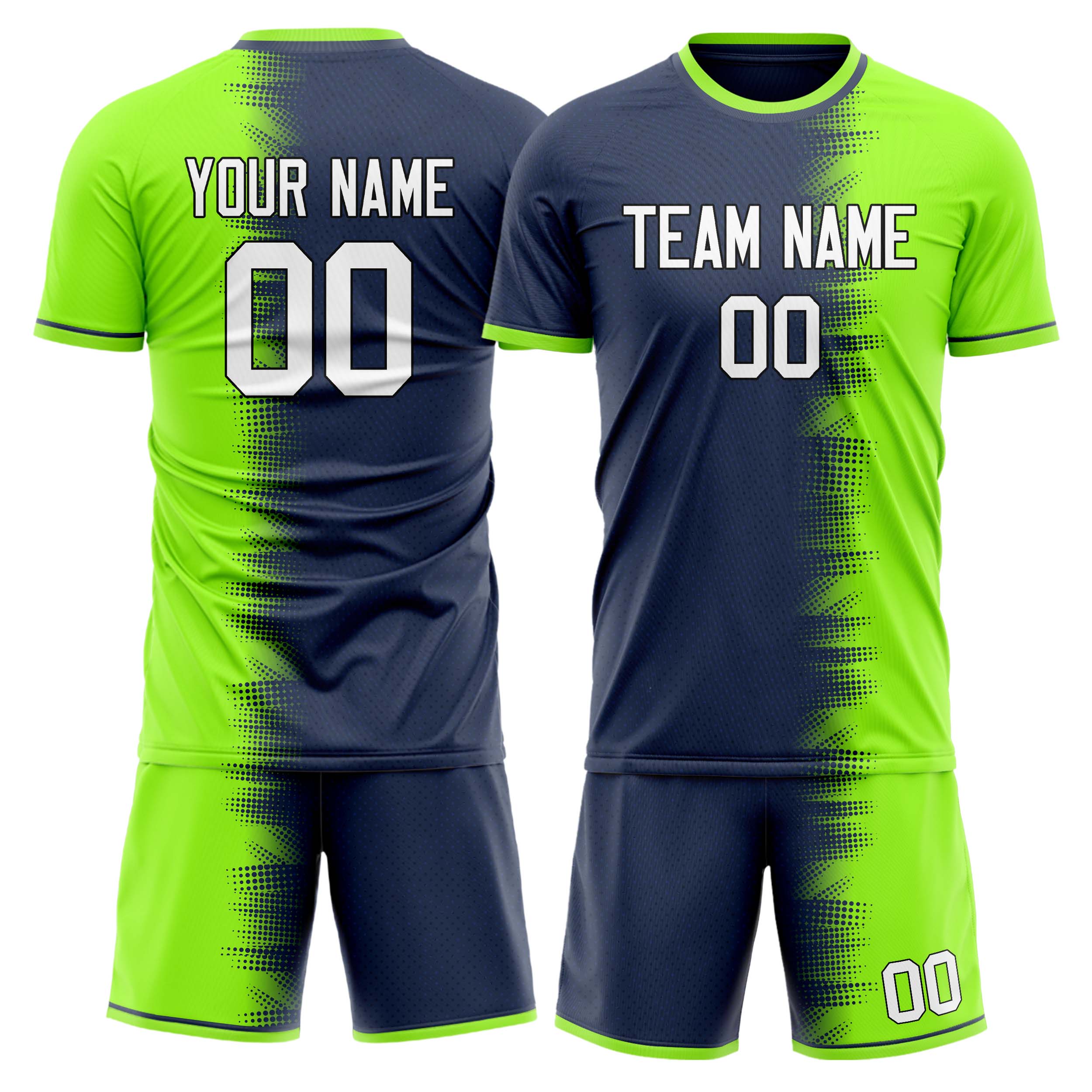 Custom Navy Neon Green GeometricalPattern Soccer Jersey