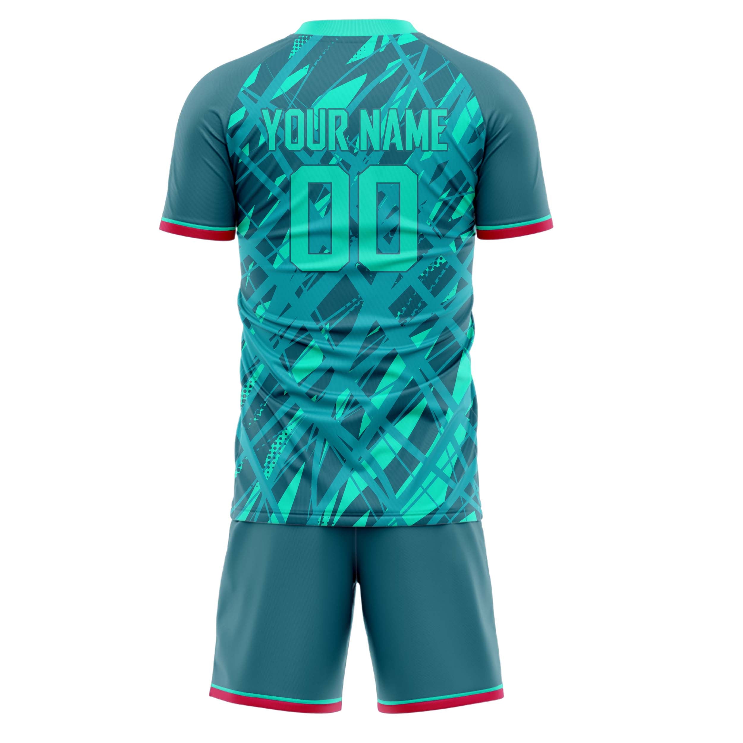 Custom Teal Red GeometricalPattern Soccer Jersey
