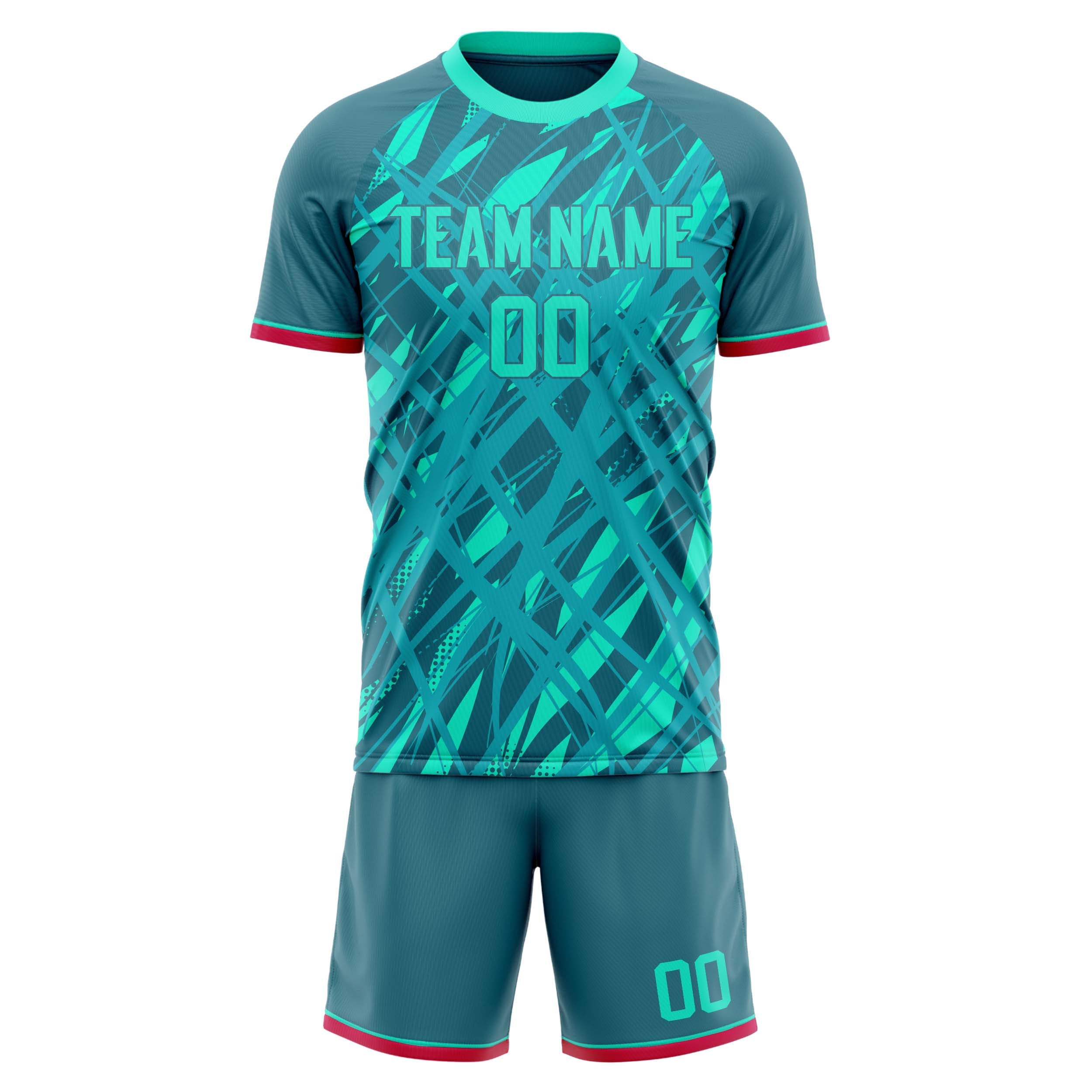 Custom Teal Red GeometricalPattern Soccer Jersey