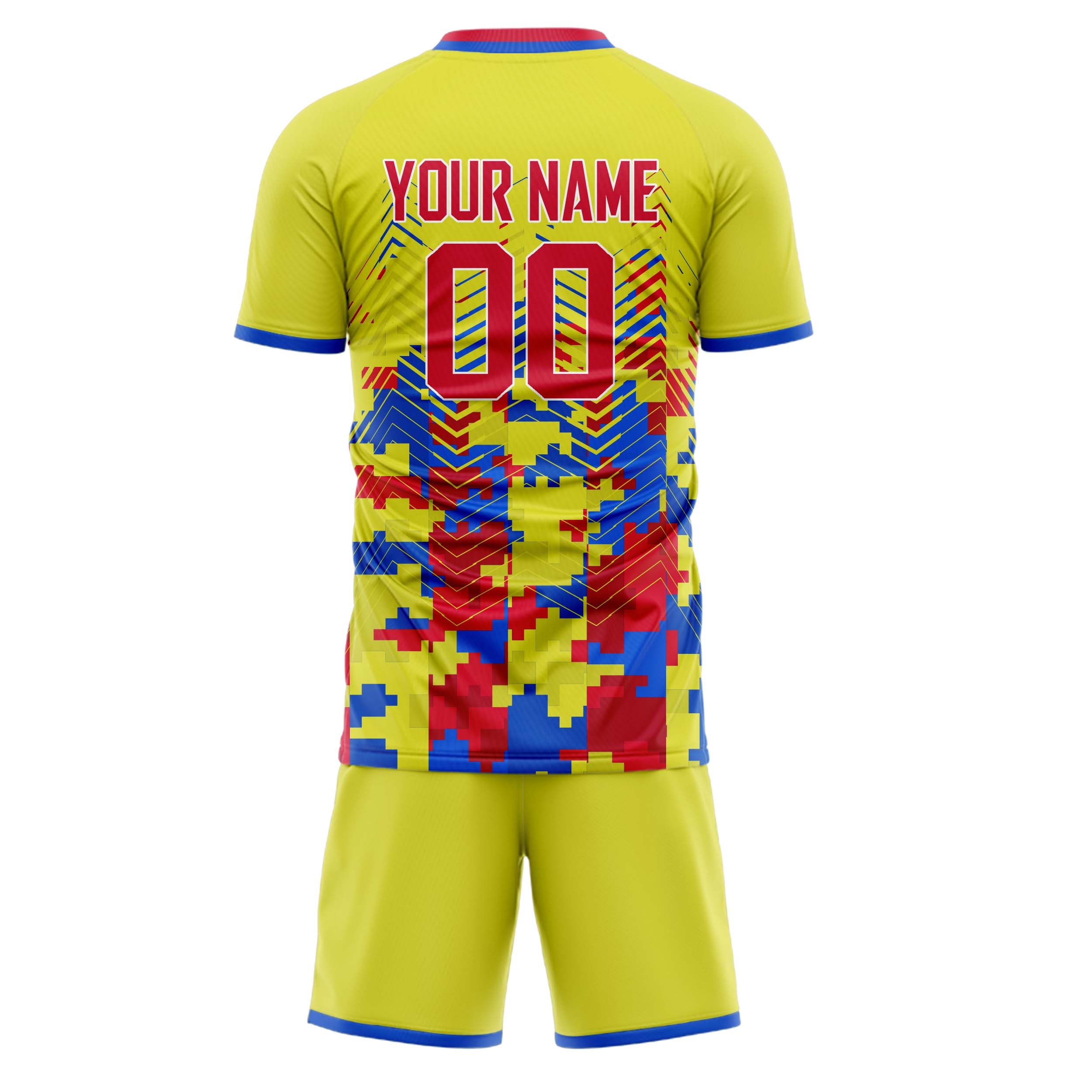 Custom Yellow Pink GeometricalPattern Soccer Jersey