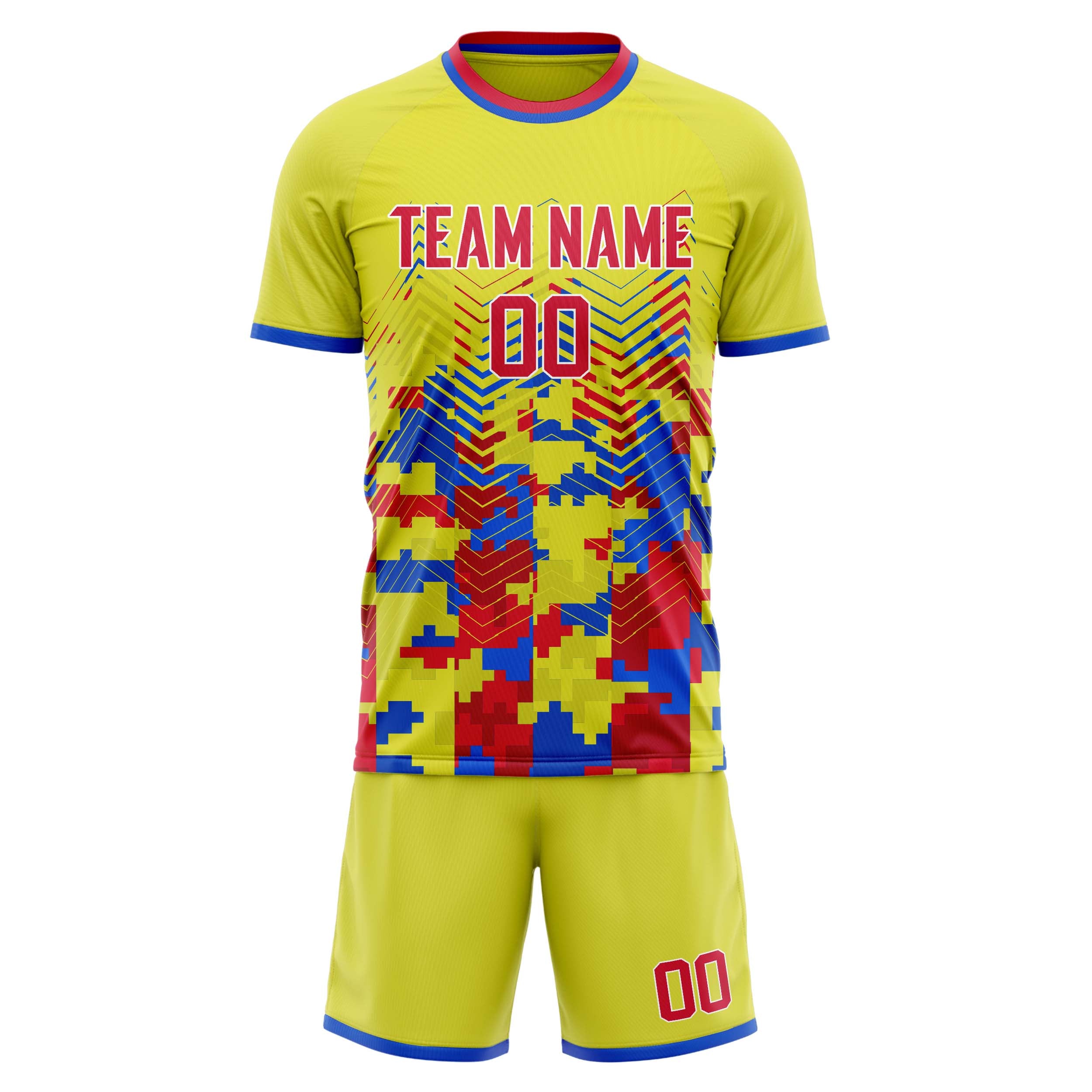 Custom Yellow Pink GeometricalPattern Soccer Jersey