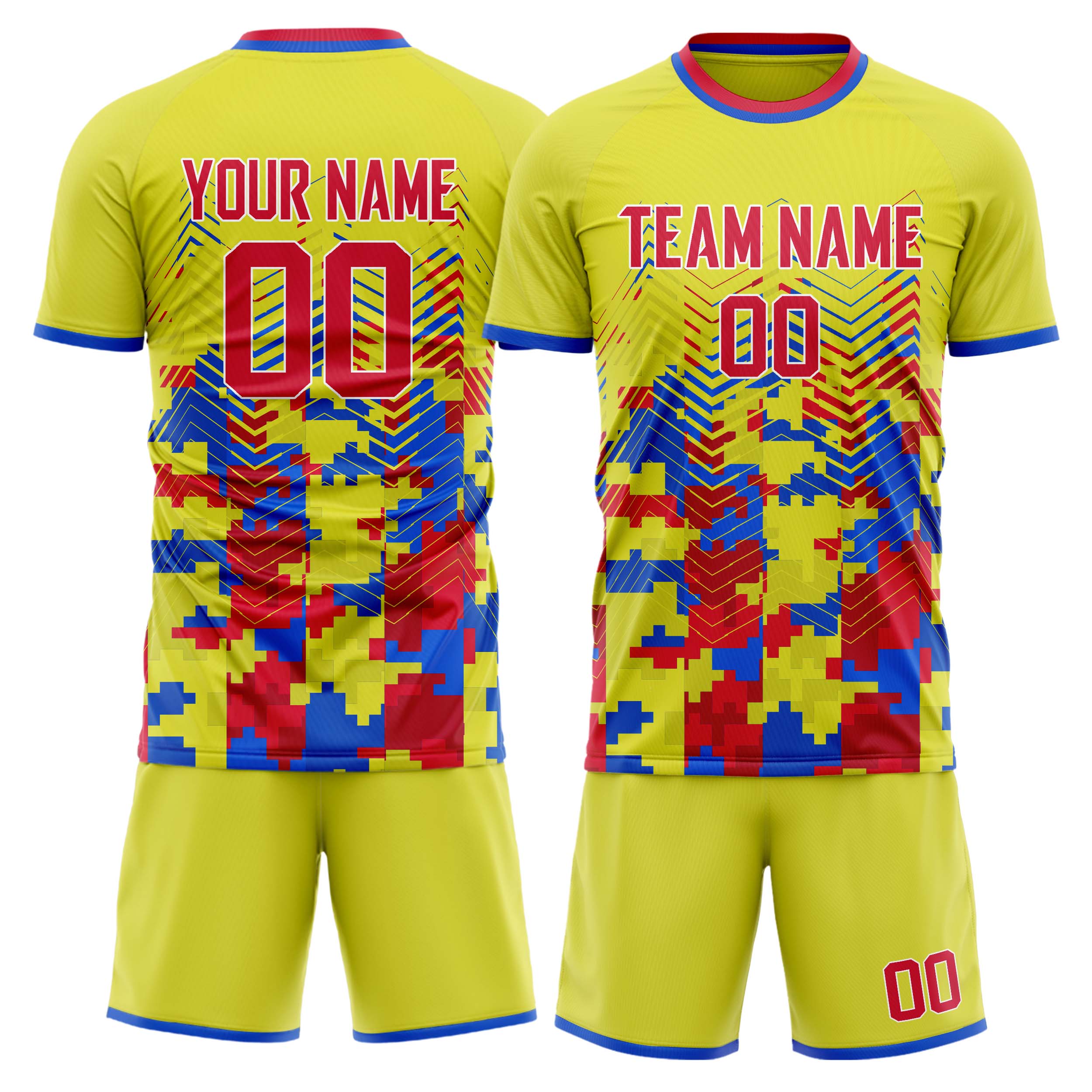 Custom Yellow Pink GeometricalPattern Soccer Jersey