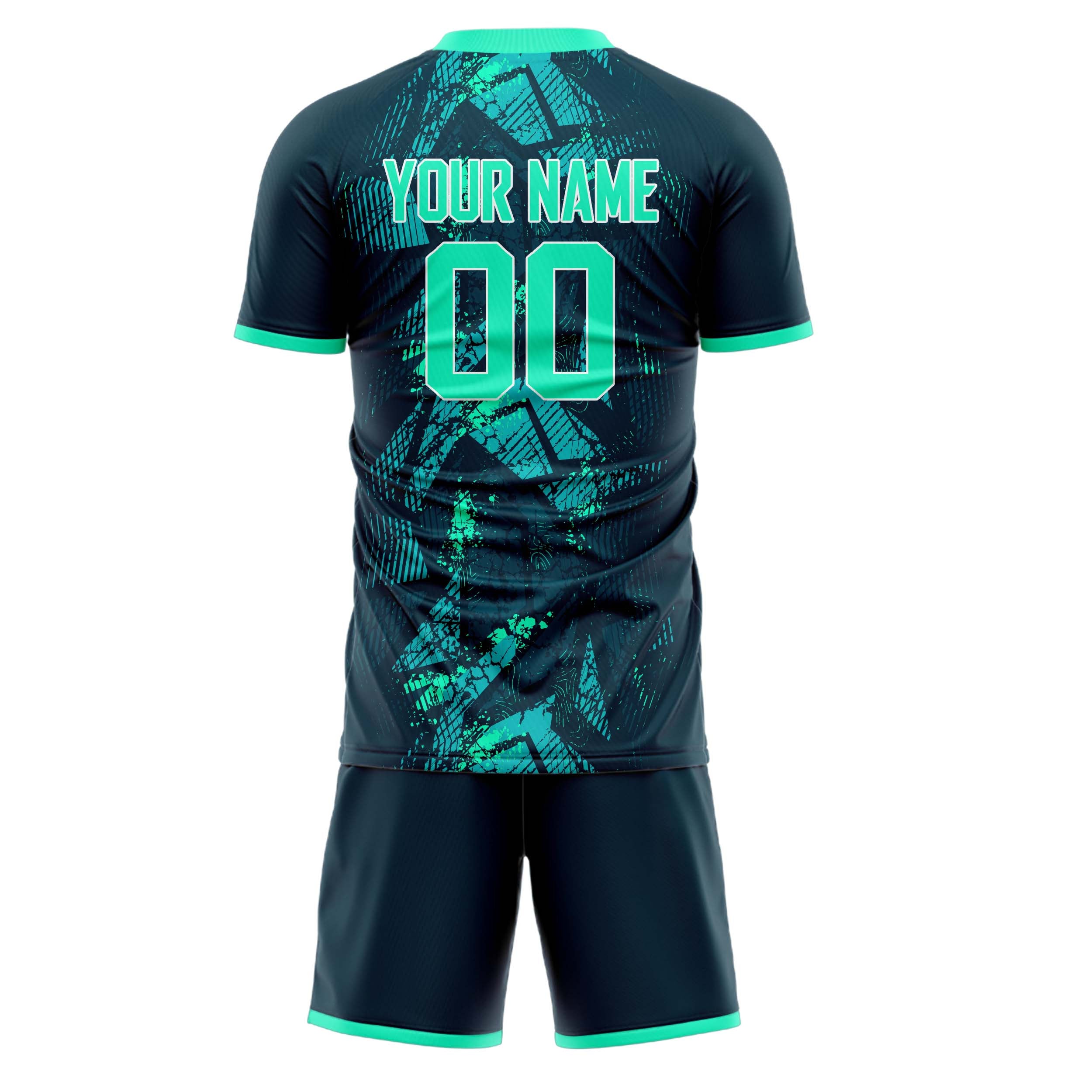 Custom Navy Teal GeometricalPattern Soccer Jersey