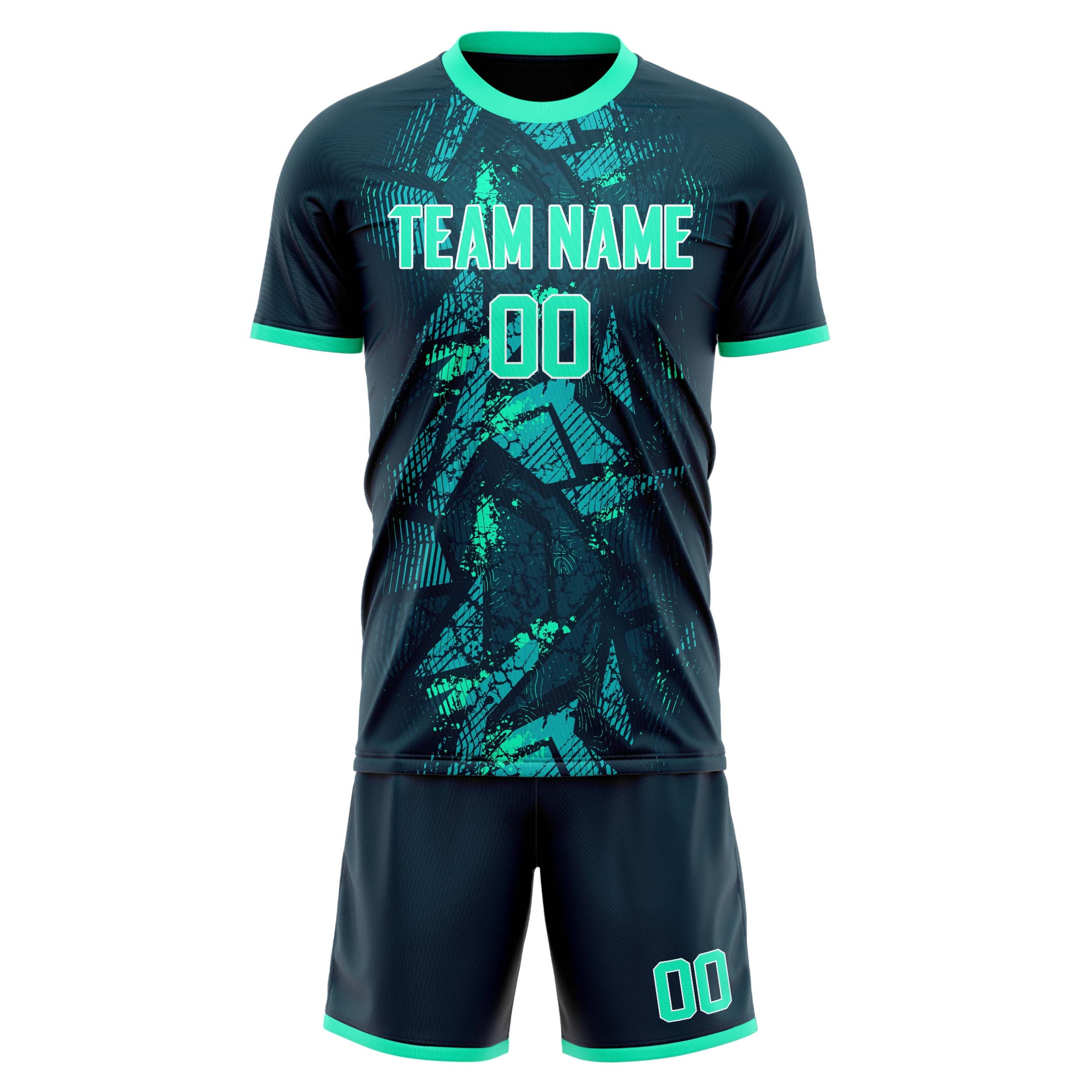Custom Navy Teal GeometricalPattern Soccer Jersey