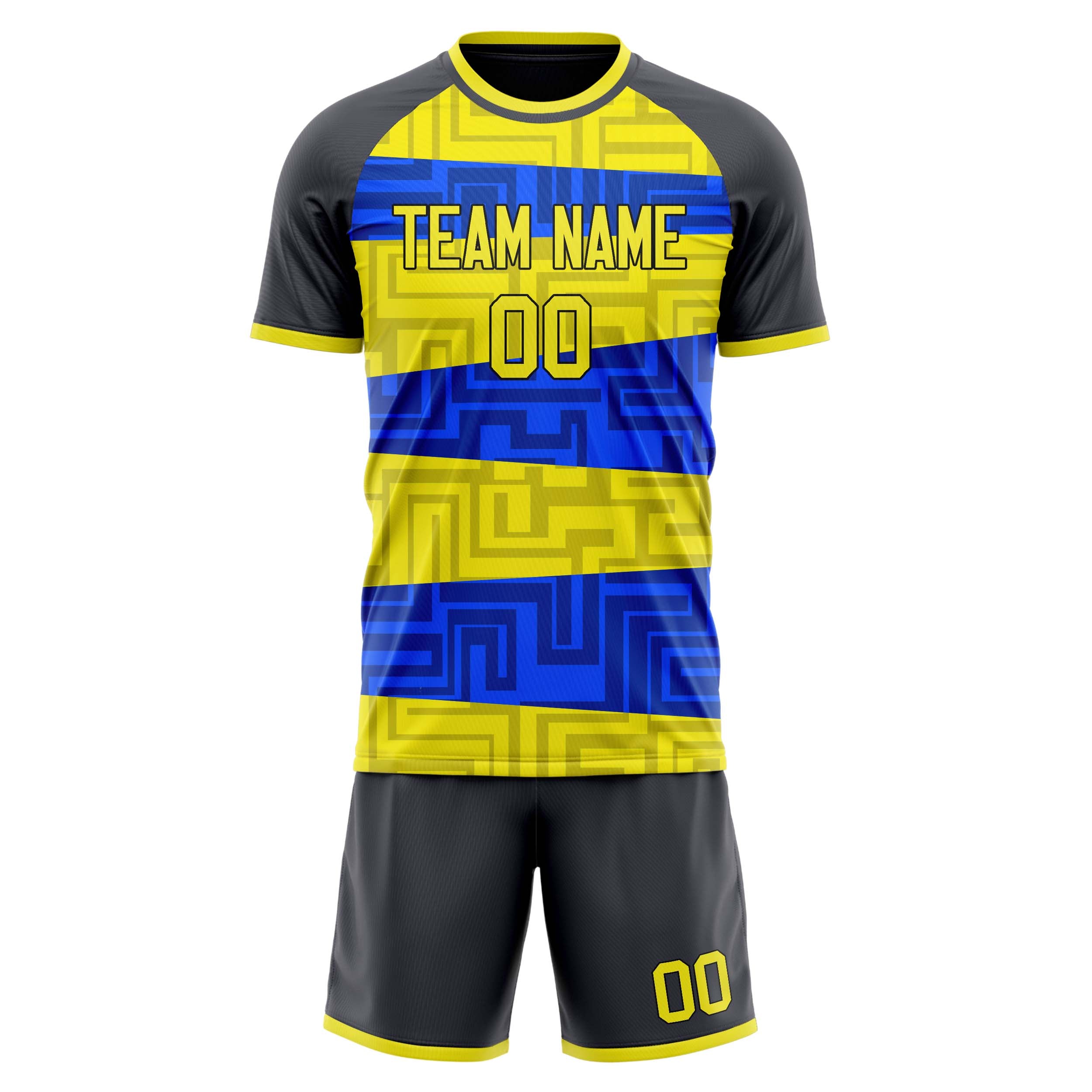 Custom Yellow Blue GeometricalPattern Soccer Jersey