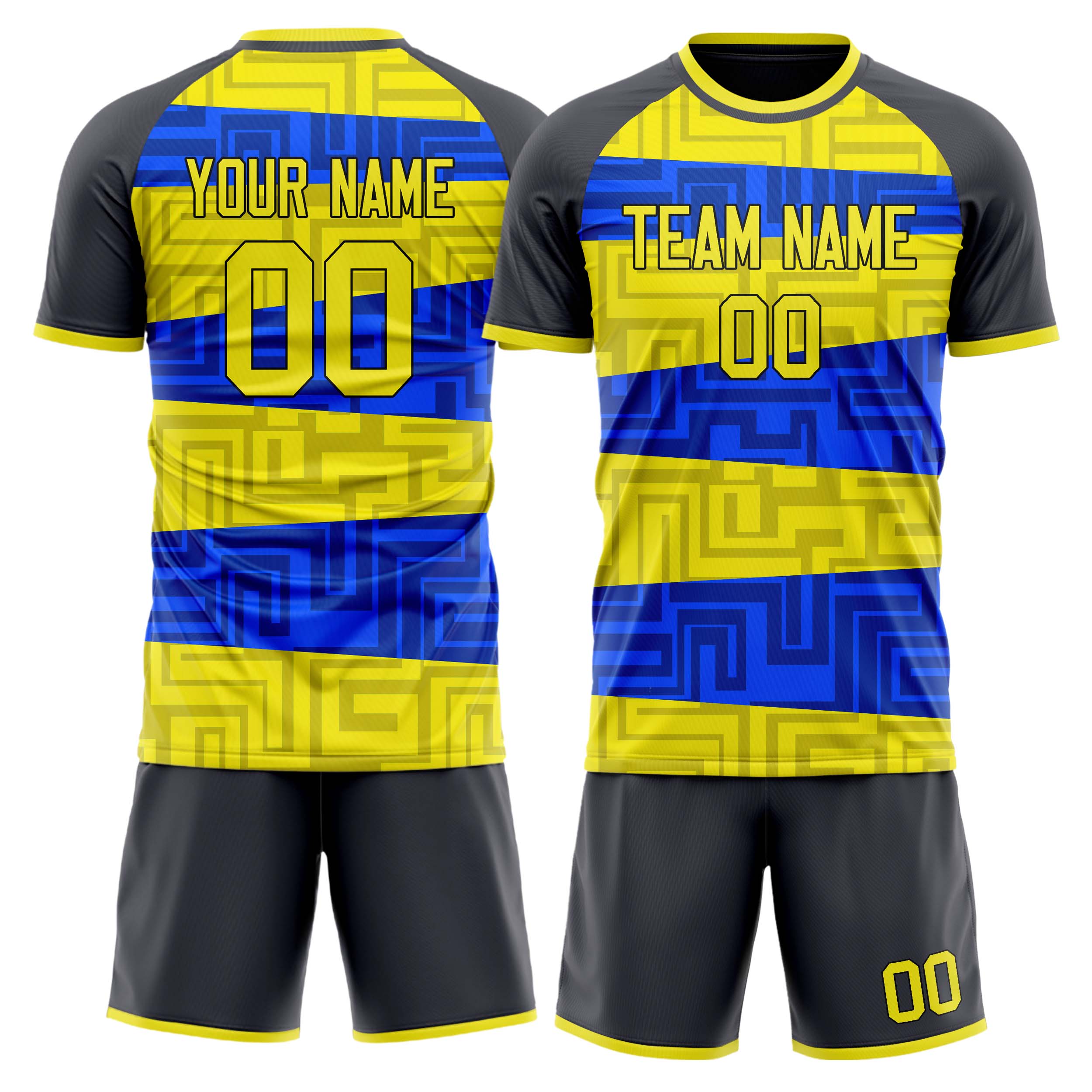 Custom Yellow Blue GeometricalPattern Soccer Jersey