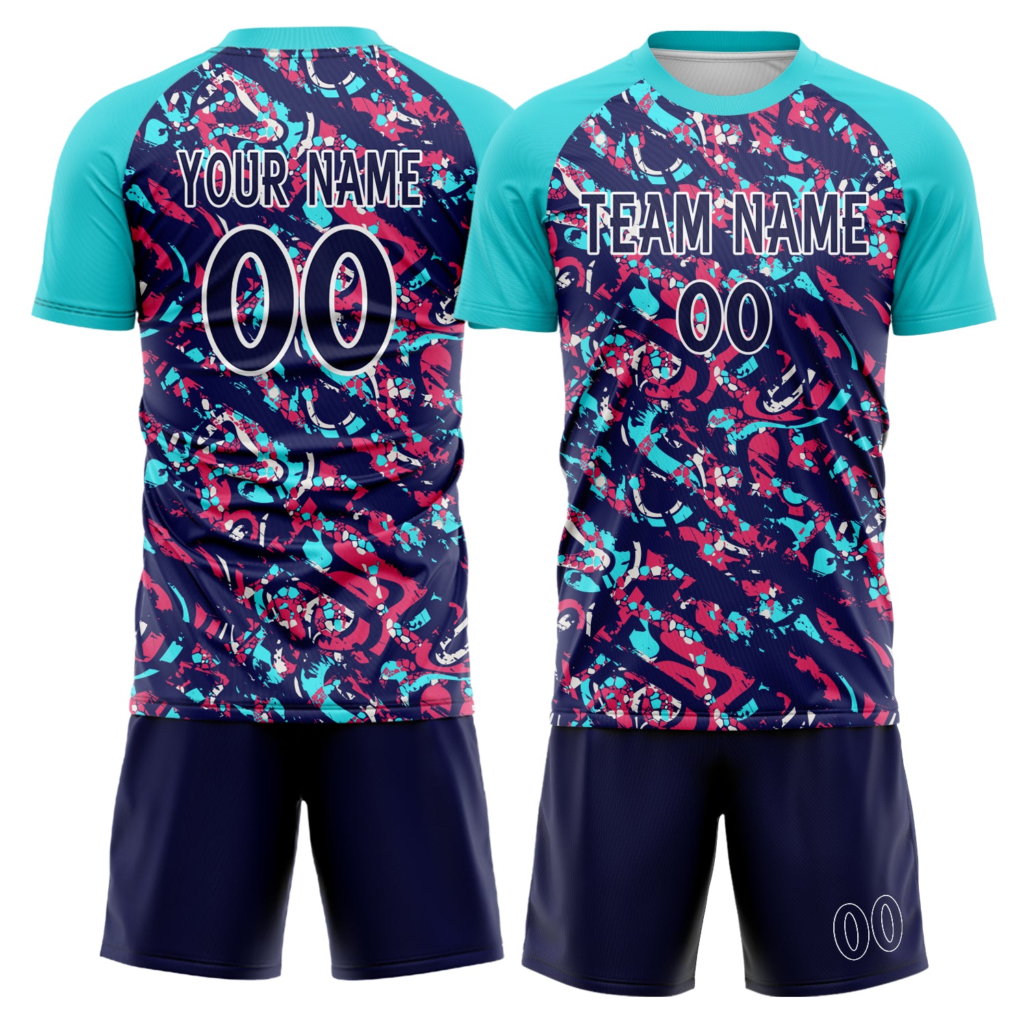 Custom Navy Teal GeometricalPattern Soccer Jersey