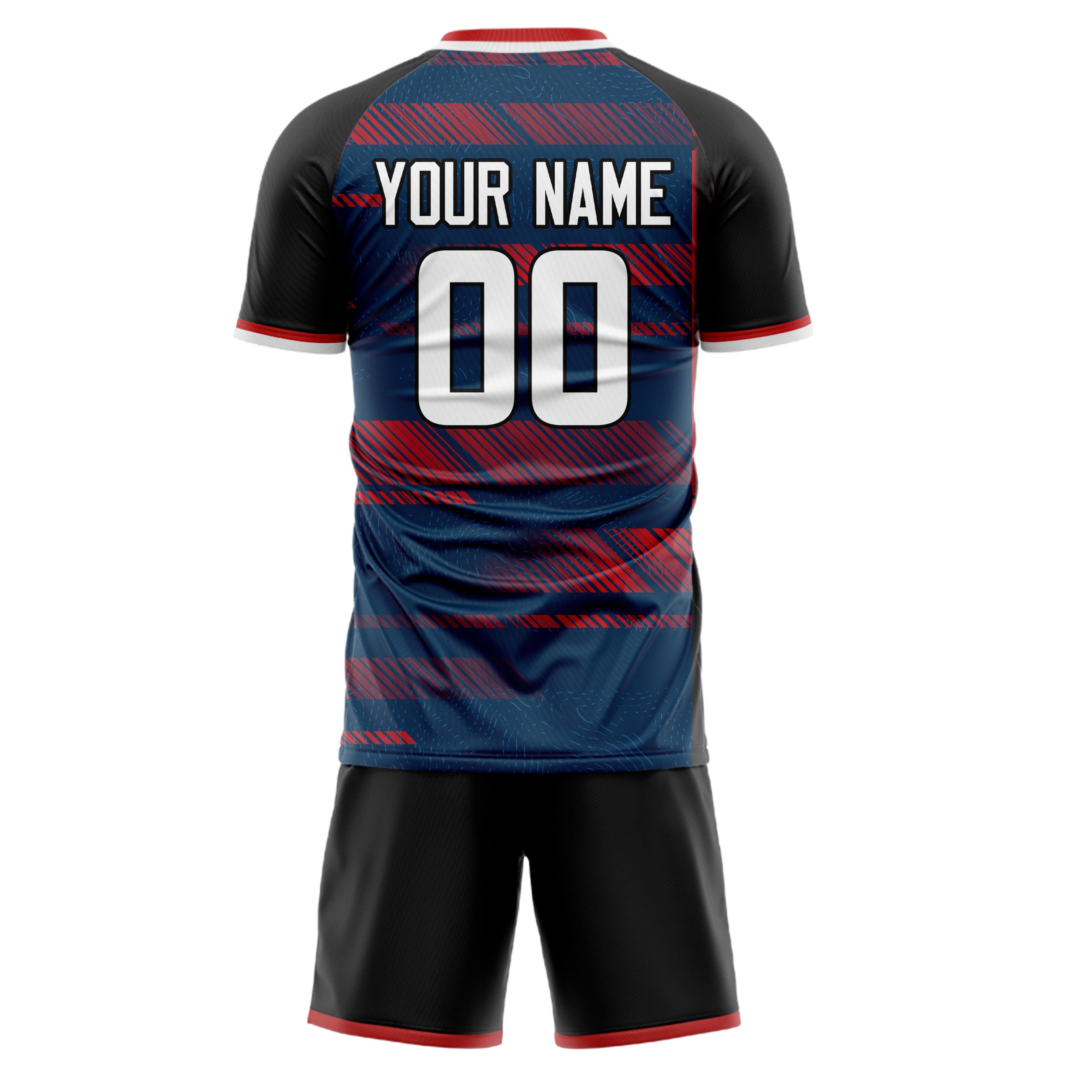 Custom Navy Red GeometricalPattern Soccer Jersey