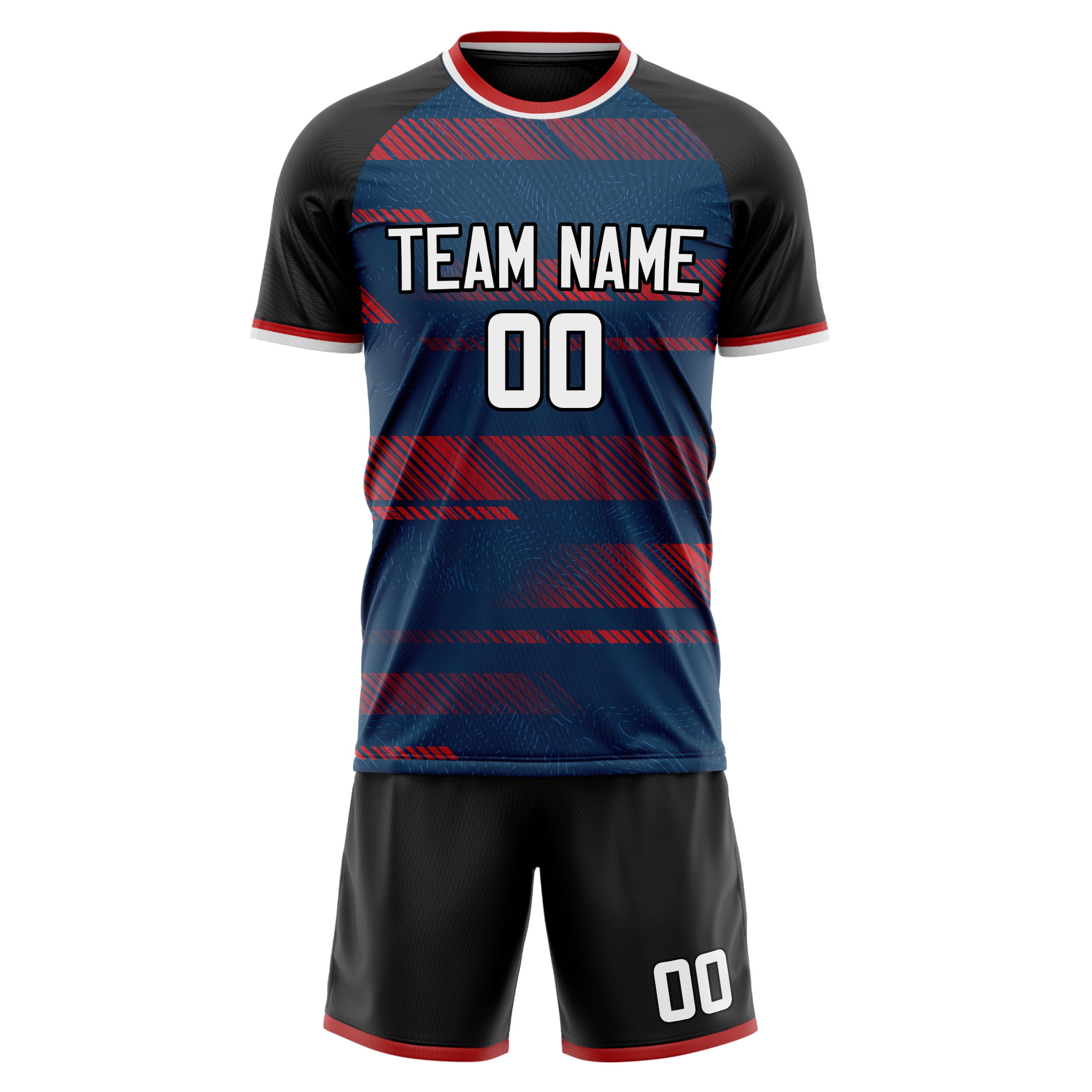 Custom Navy Red GeometricalPattern Soccer Jersey