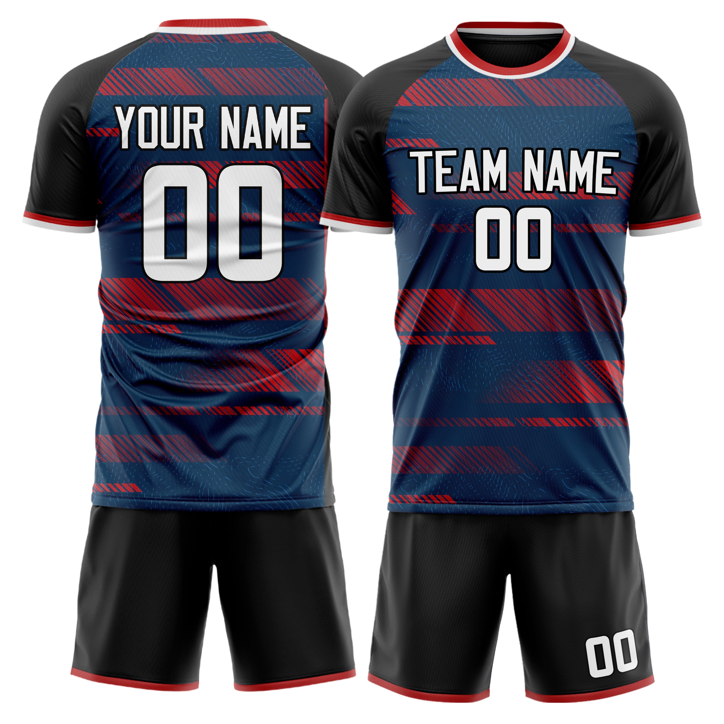 Custom Navy Red GeometricalPattern Soccer Jersey