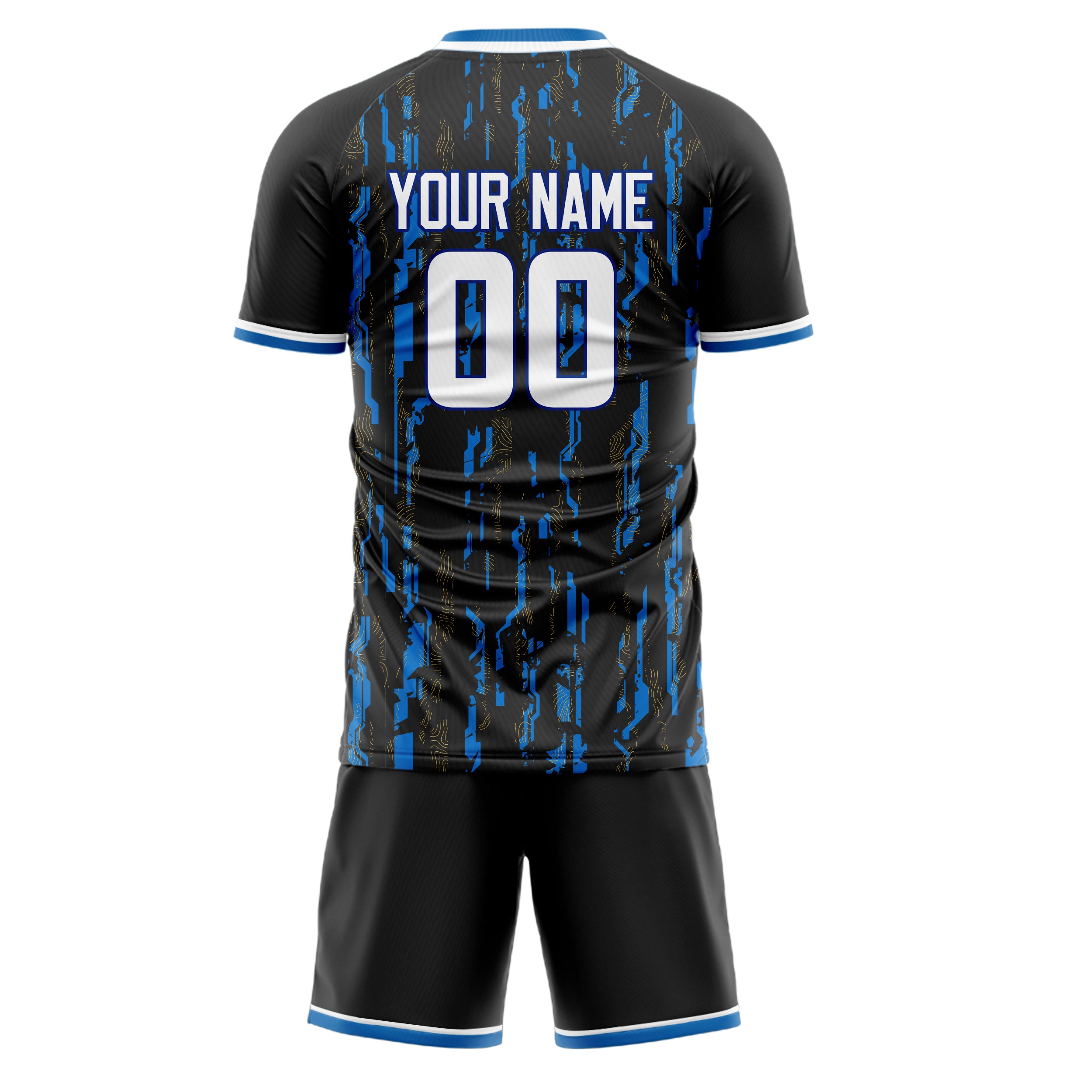 Custom Black Blue GeometricalPattern Soccer Jersey