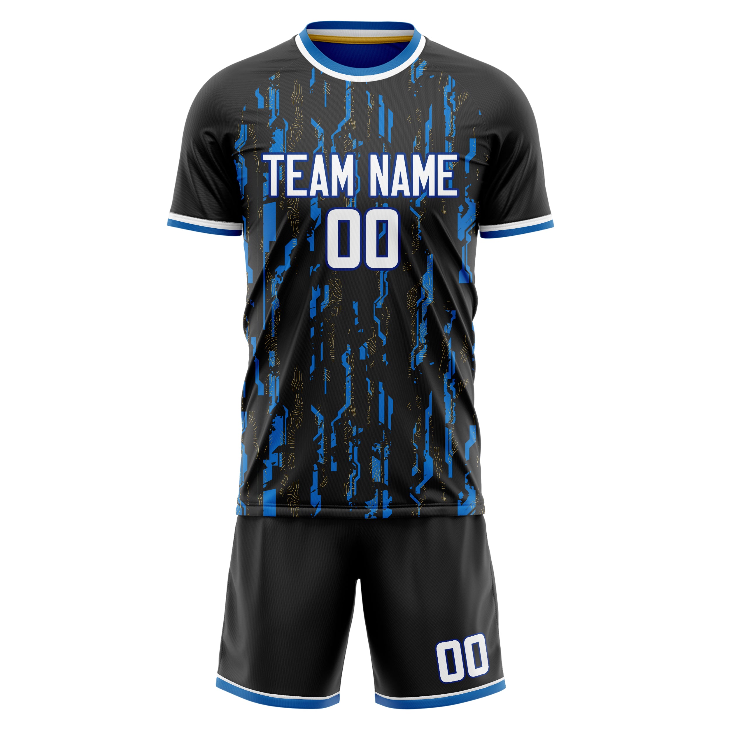 Custom Black Blue GeometricalPattern Soccer Jersey