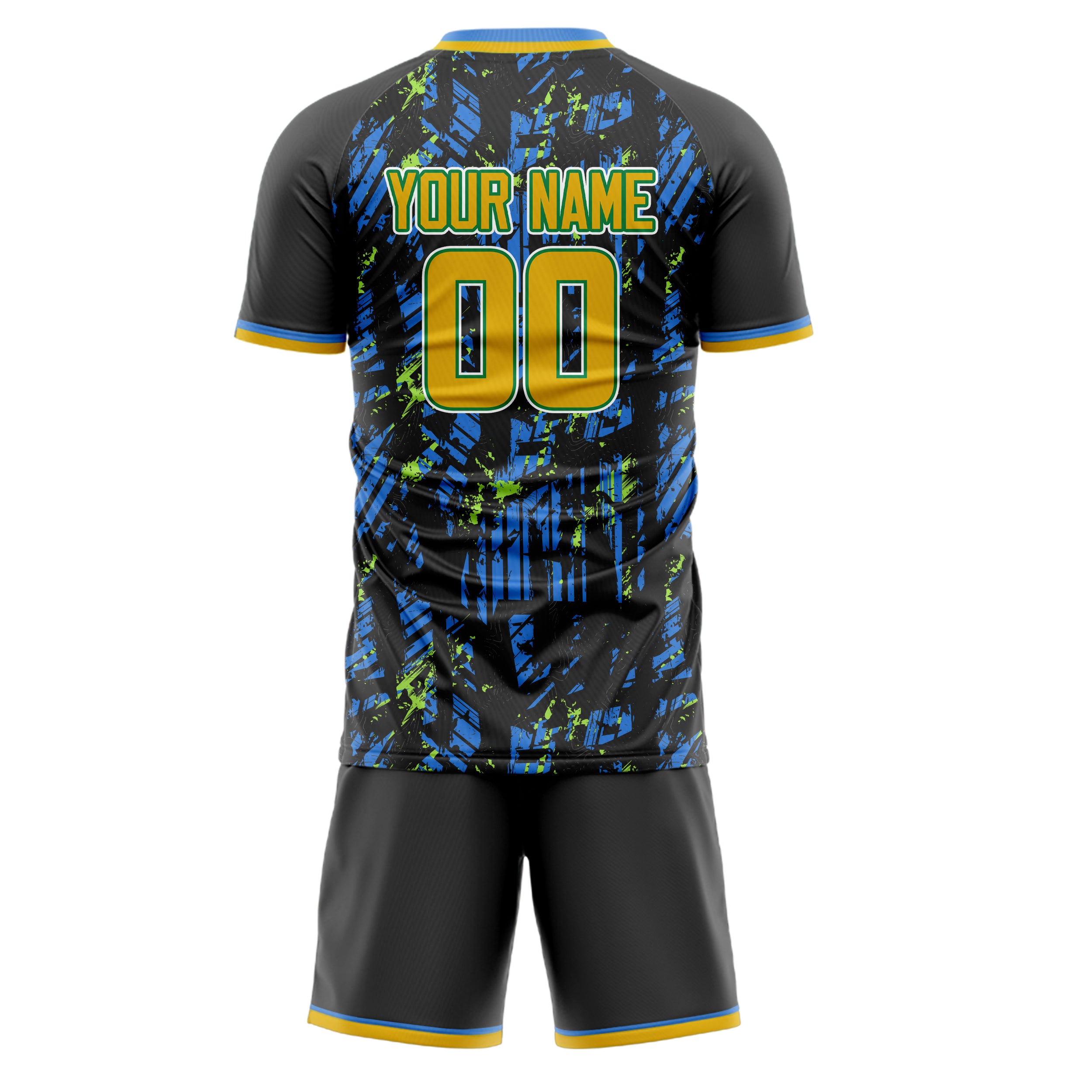 Custom Blue Gold GeometricalPattern Soccer Jersey