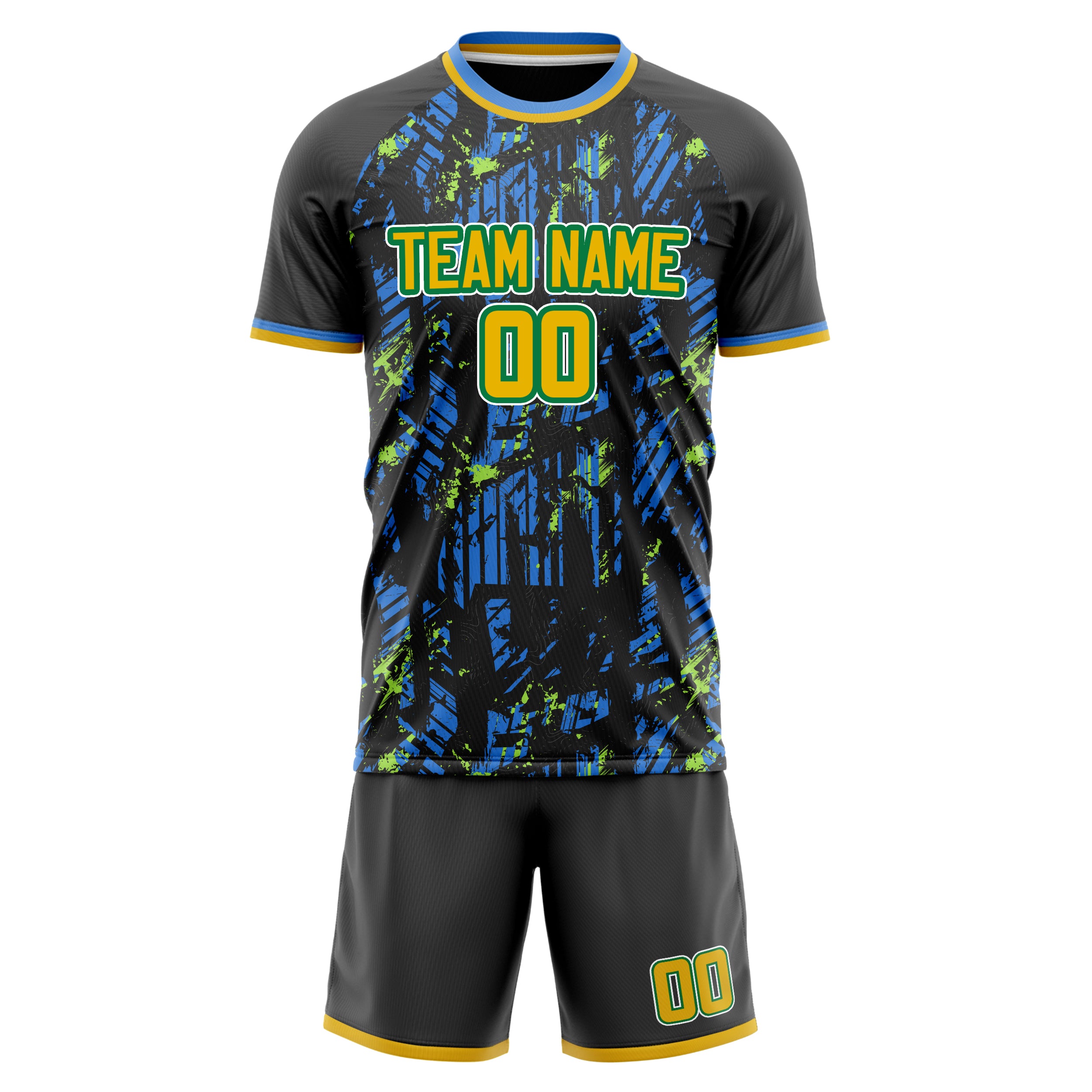 Custom Blue Gold GeometricalPattern Soccer Jersey