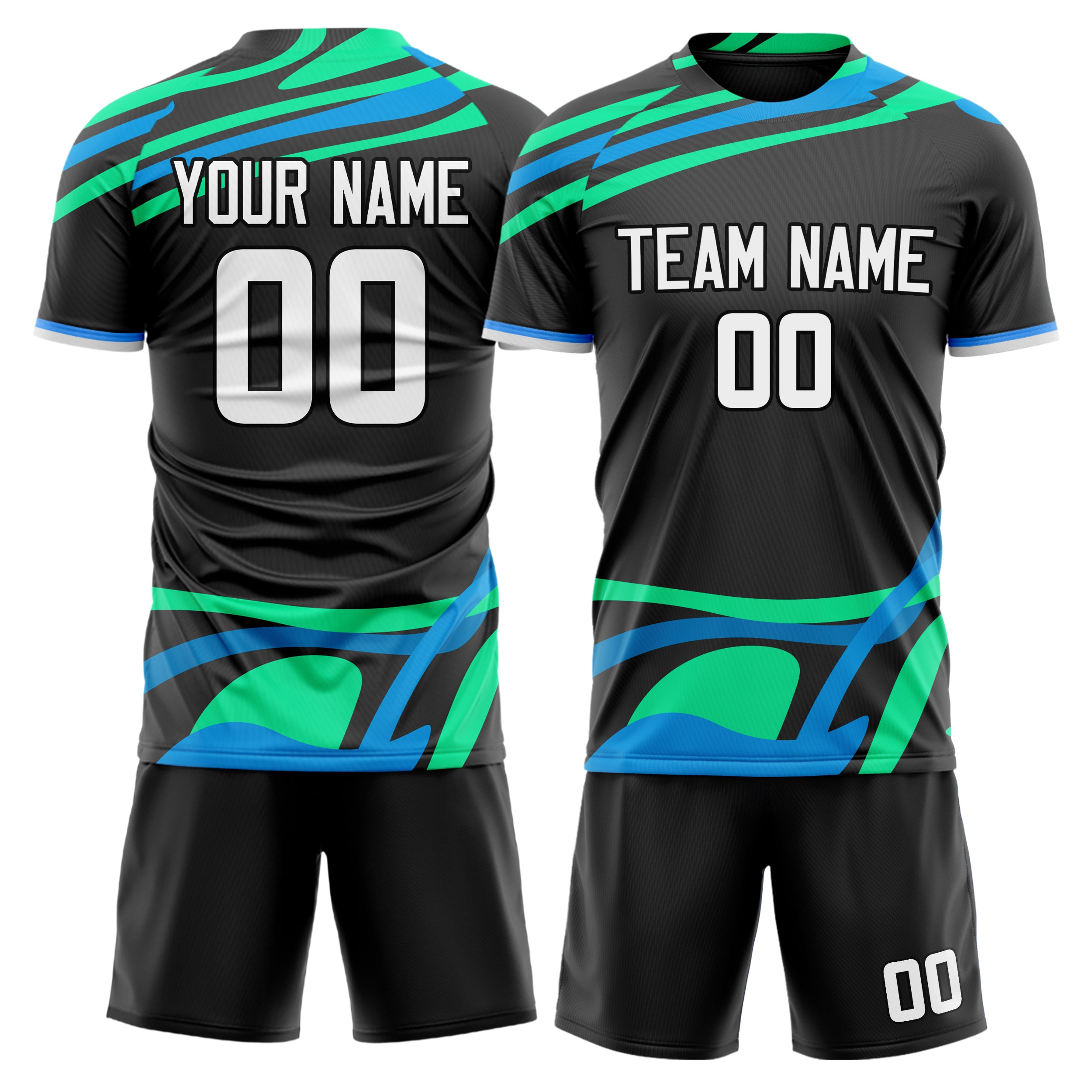 Custom Black Blue GeometricalPattern Soccer Jersey