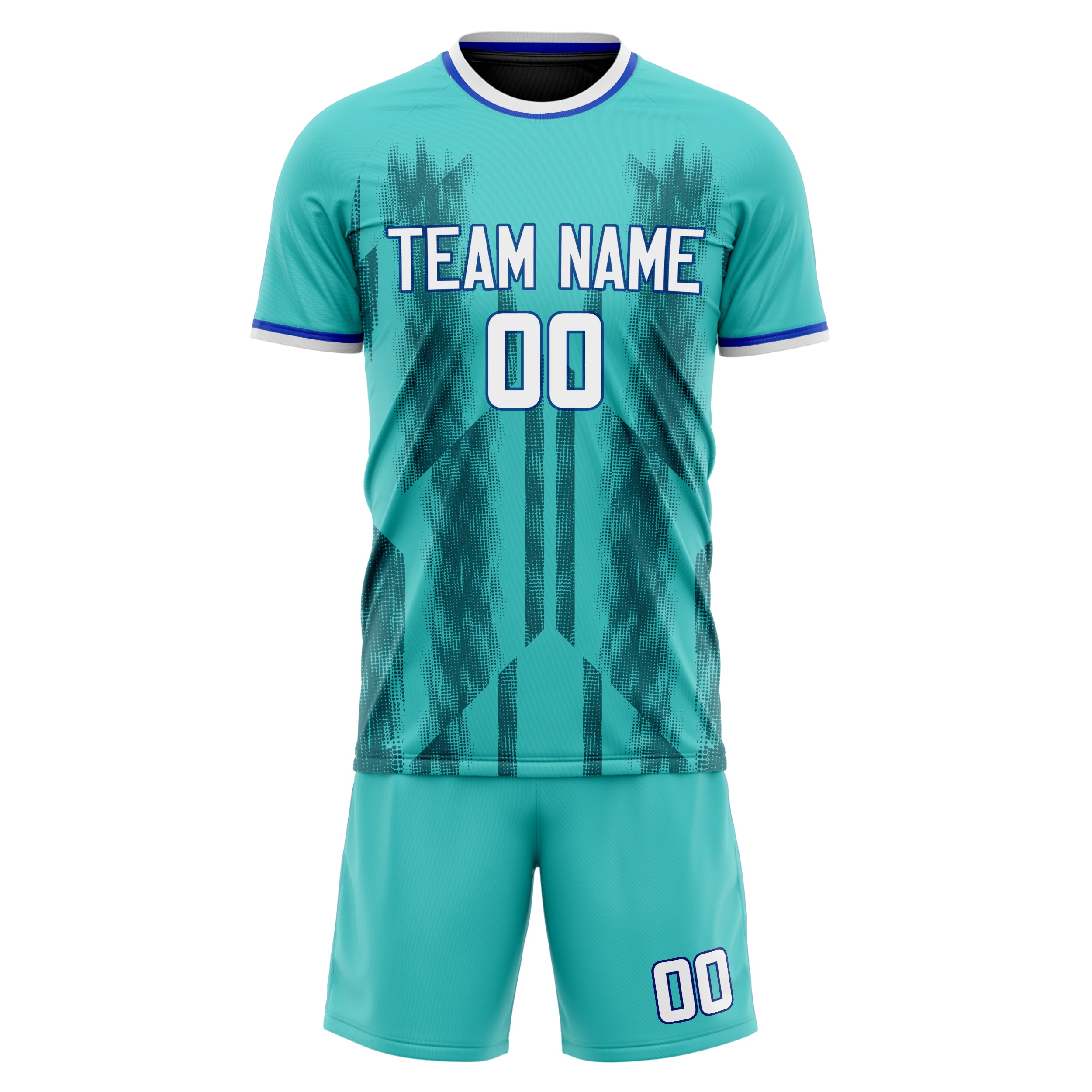 Custom Teal White GeometricalPattern Soccer Jersey