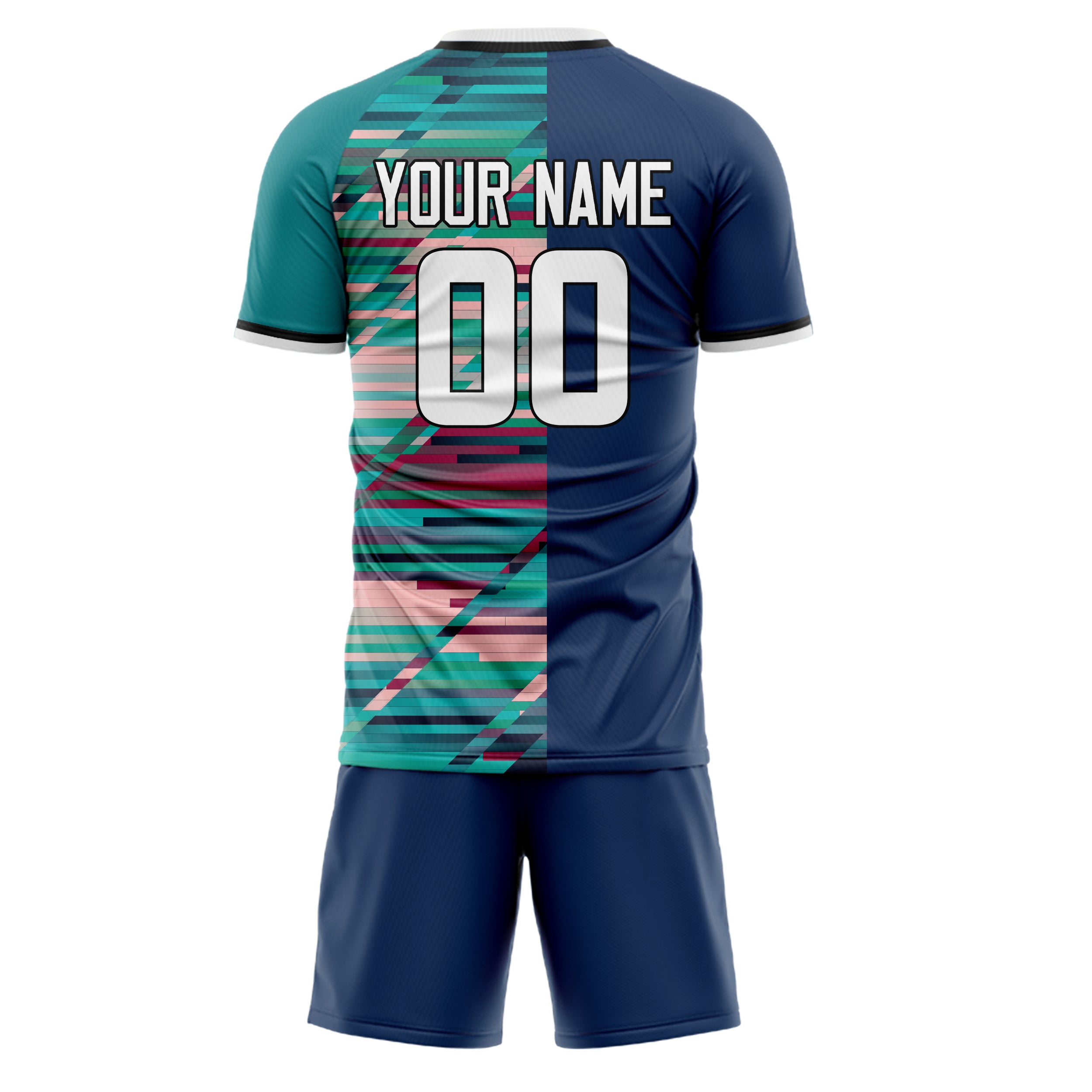 Custom Navy Teal GeometricalPattern Soccer Jersey