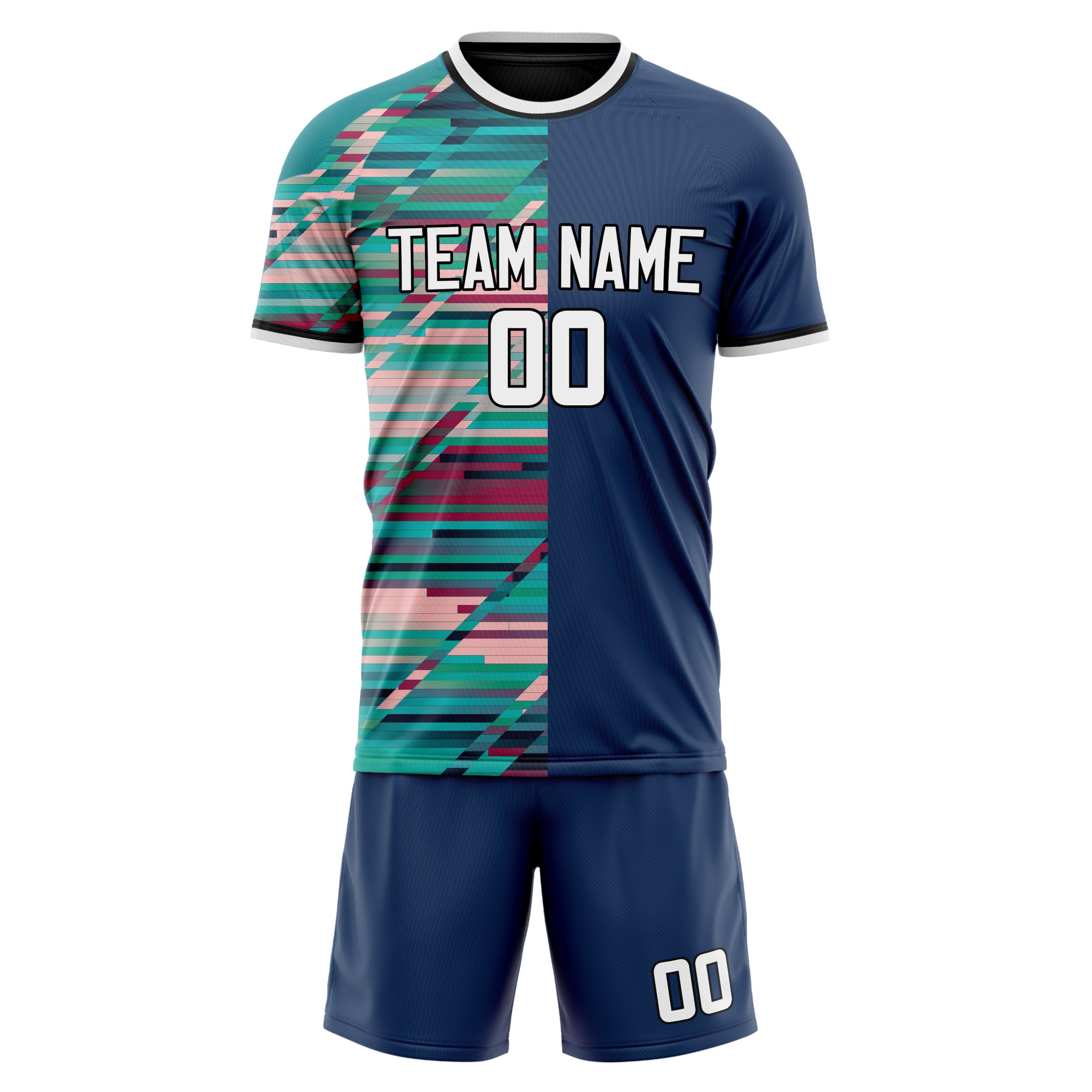 Custom Navy Teal GeometricalPattern Soccer Jersey