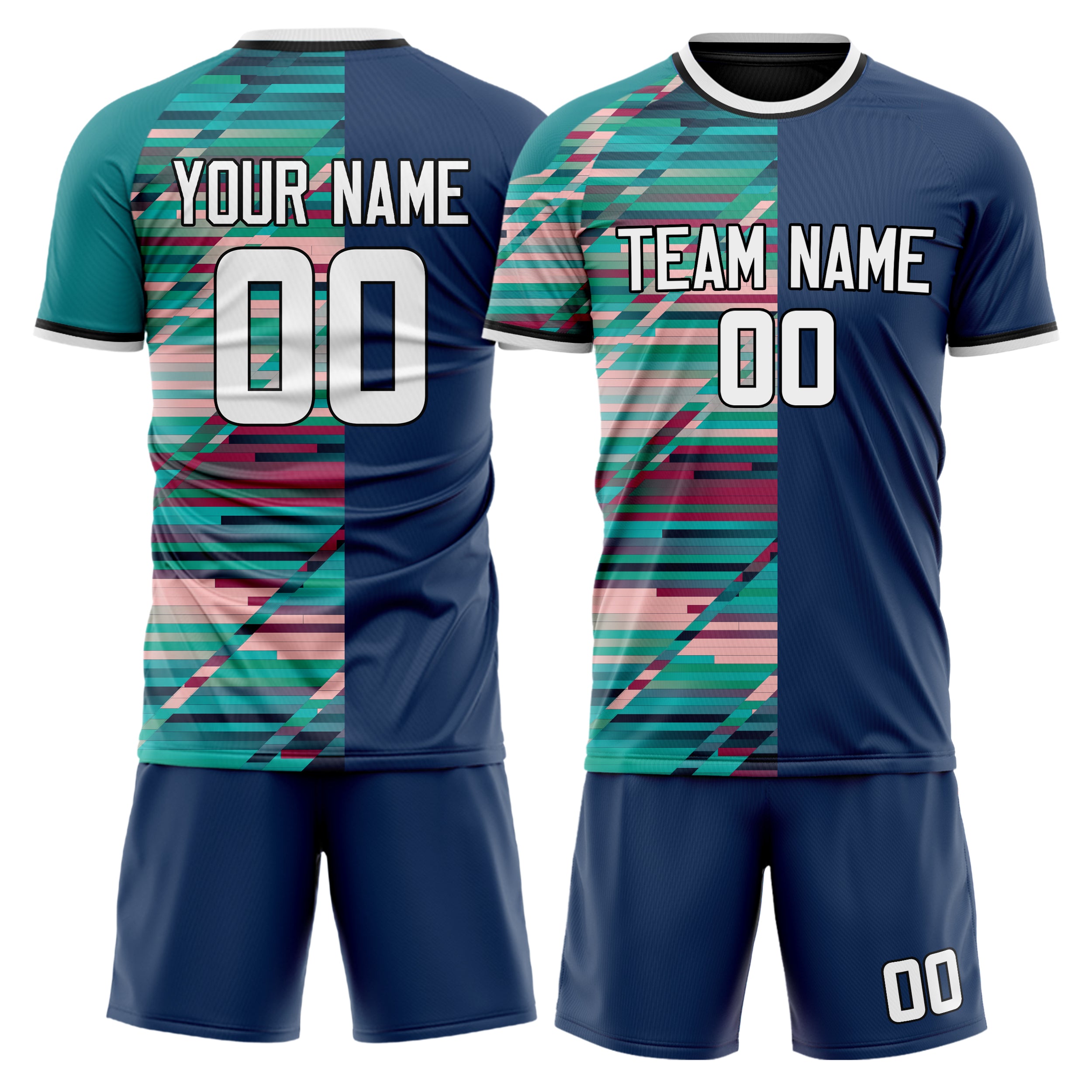 Custom Navy Teal GeometricalPattern Soccer Jersey