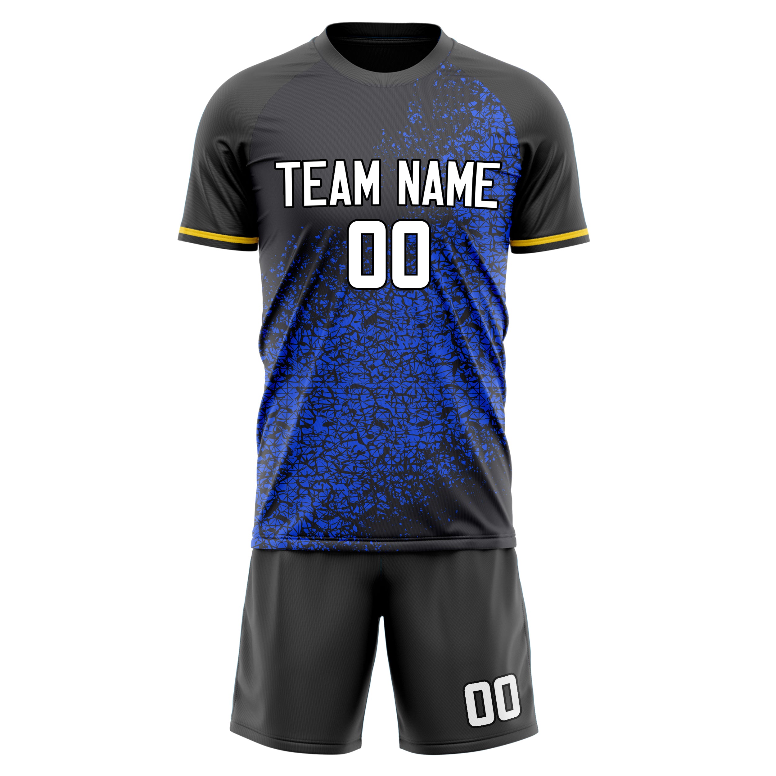 Custom Black Blue GeometricalPattern Soccer Jersey