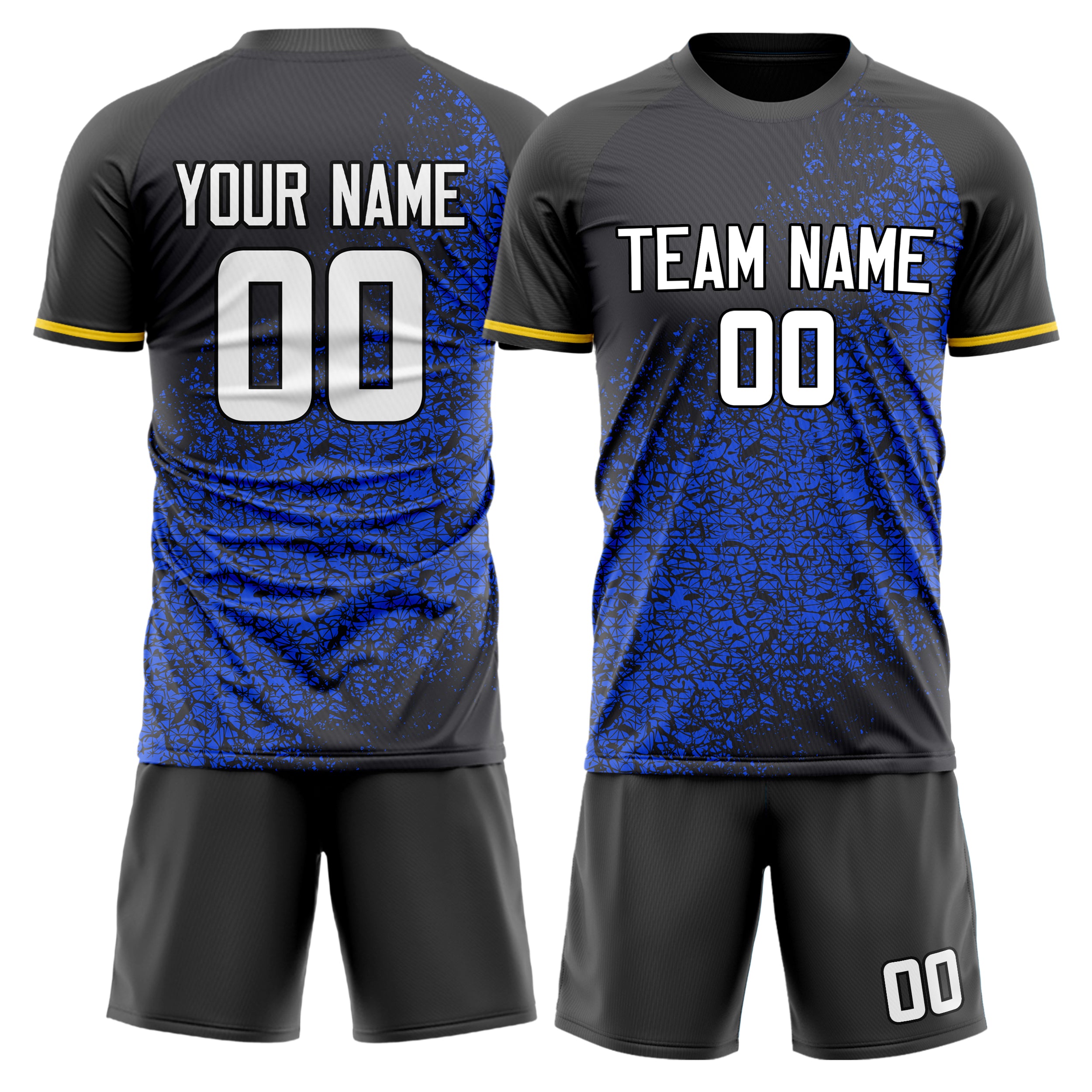 Custom Black Blue GeometricalPattern Soccer Jersey