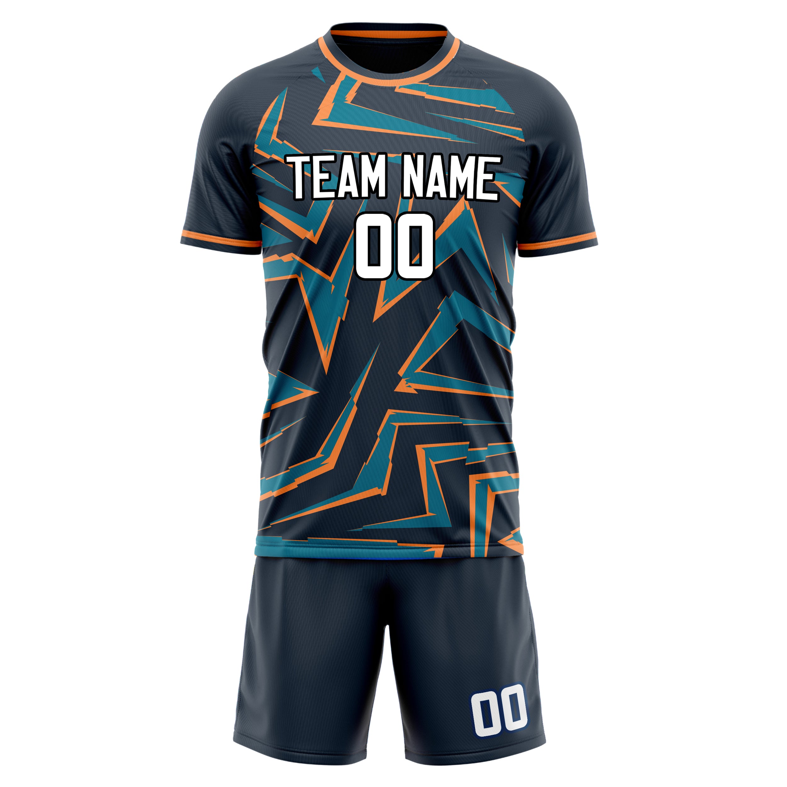 Custom Navy Orange GeometricalPattern Soccer Jersey