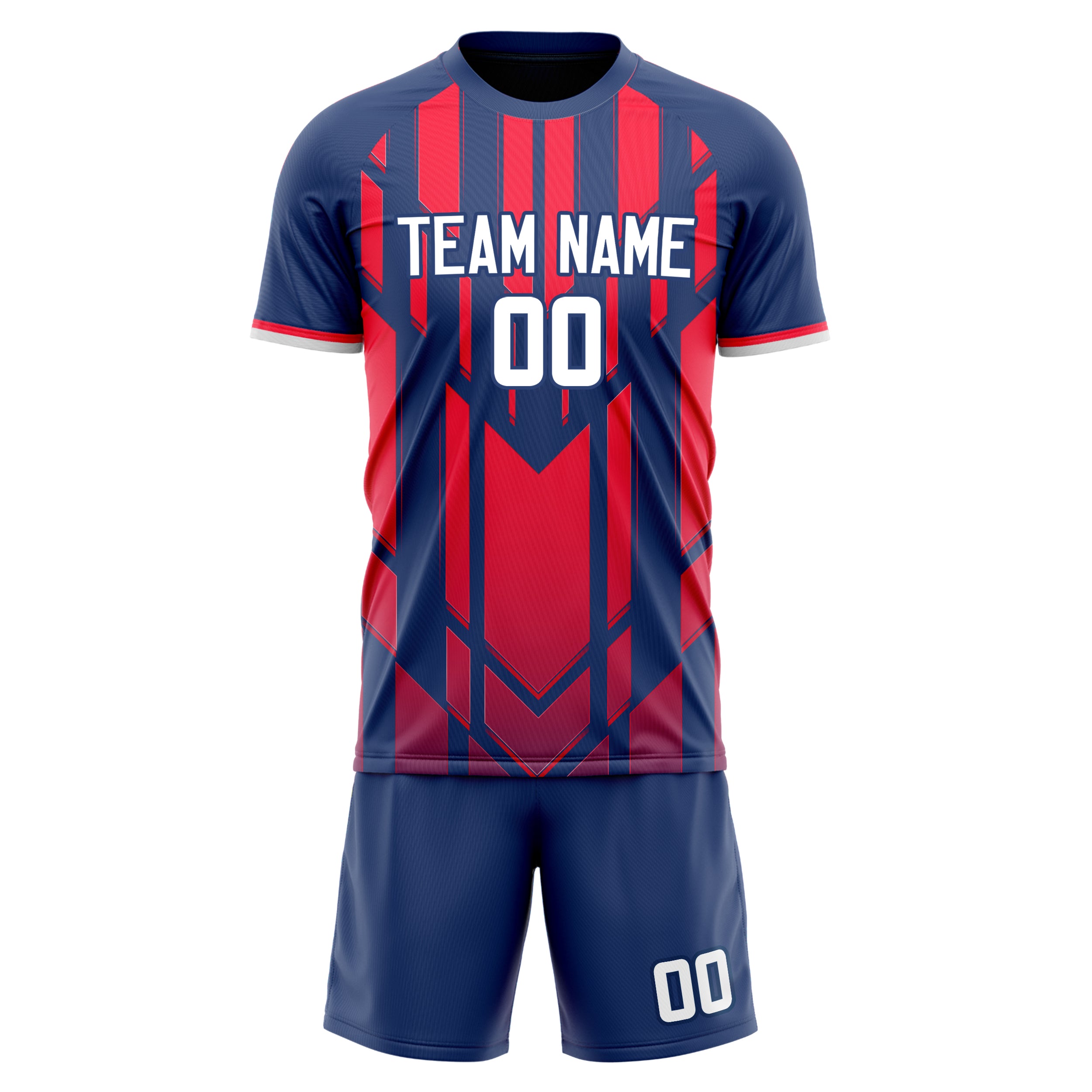 Custom Navy Red GeometricalPattern Soccer Jersey