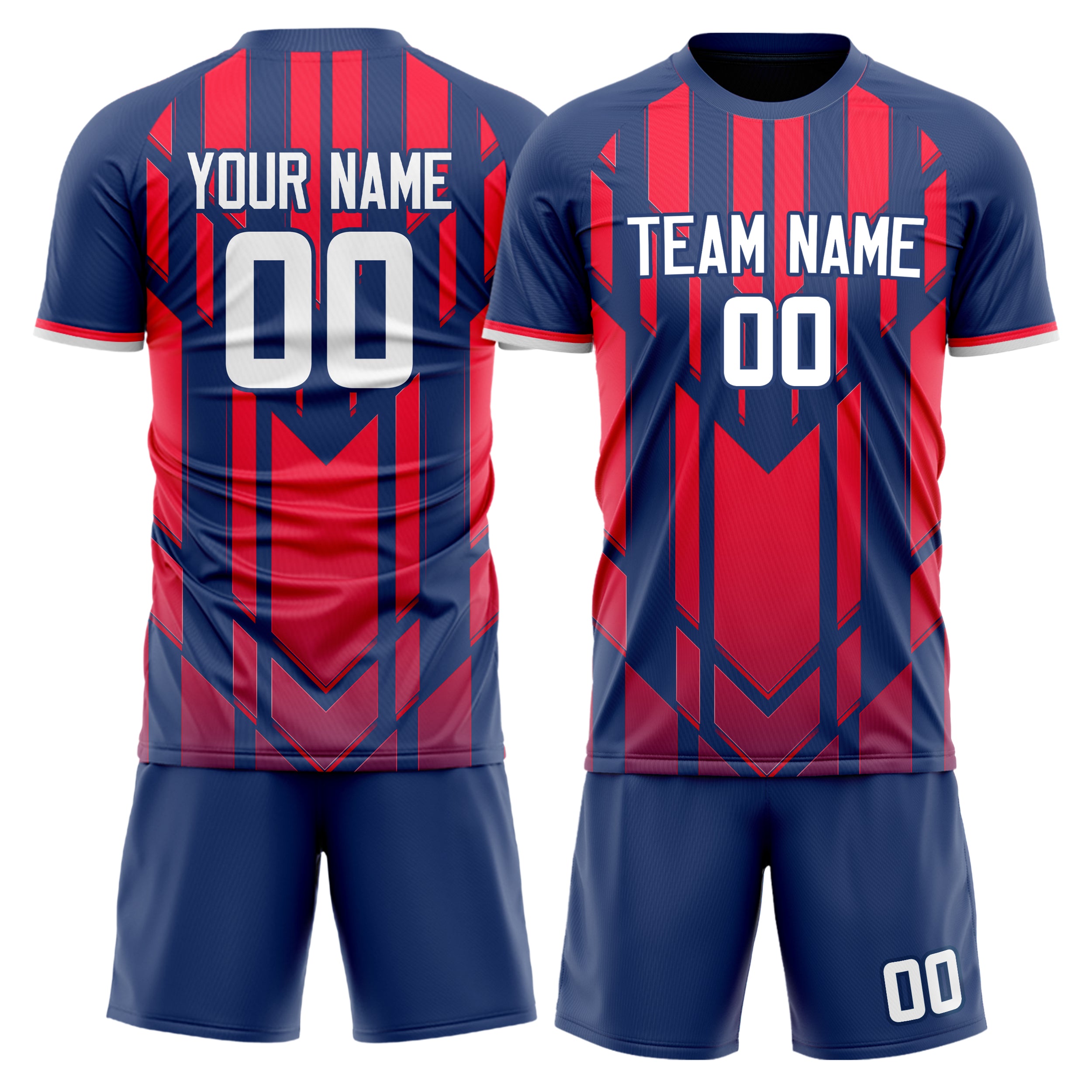 Custom Navy Red GeometricalPattern Soccer Jersey