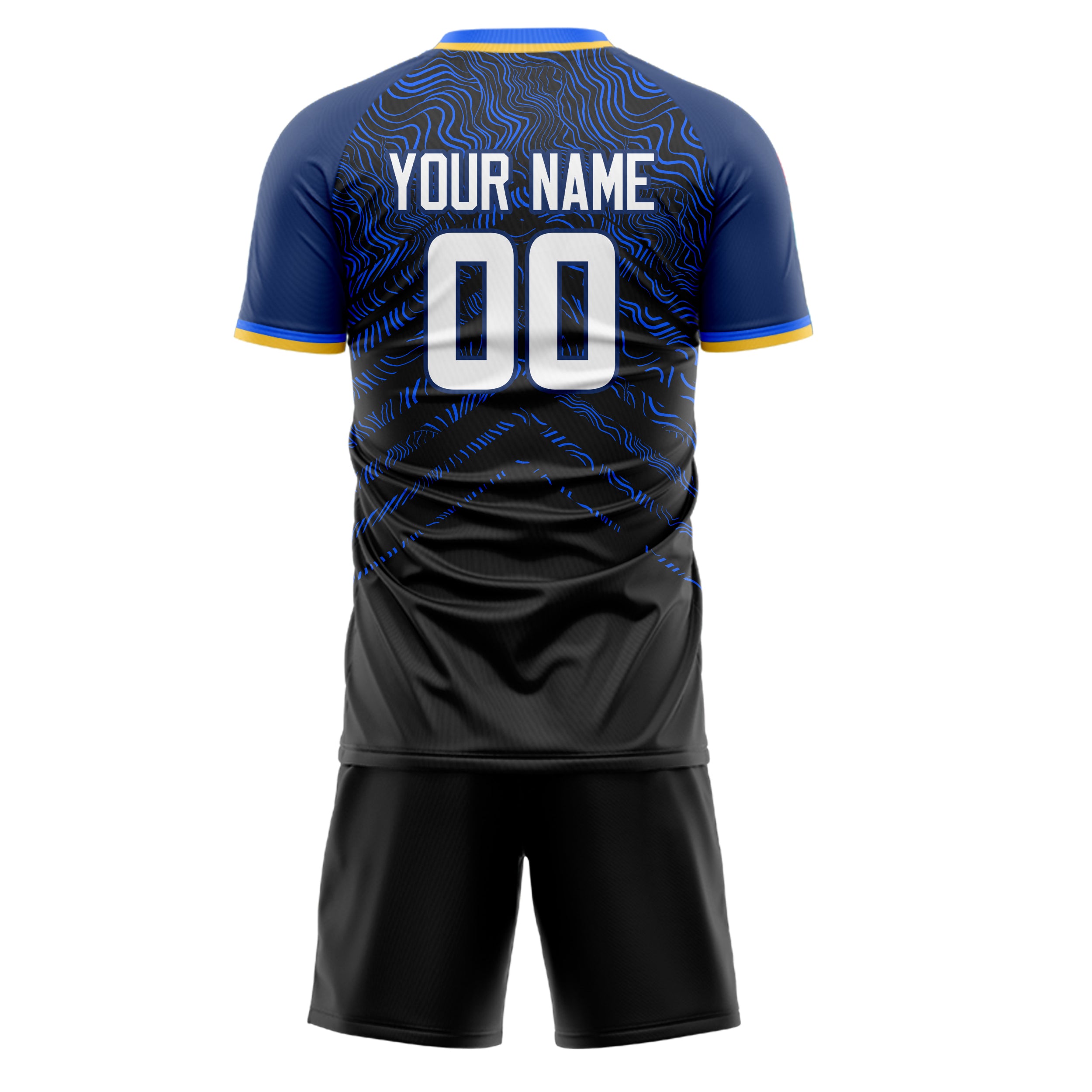 Custom Black Navy GeometricalPattern Soccer Jersey