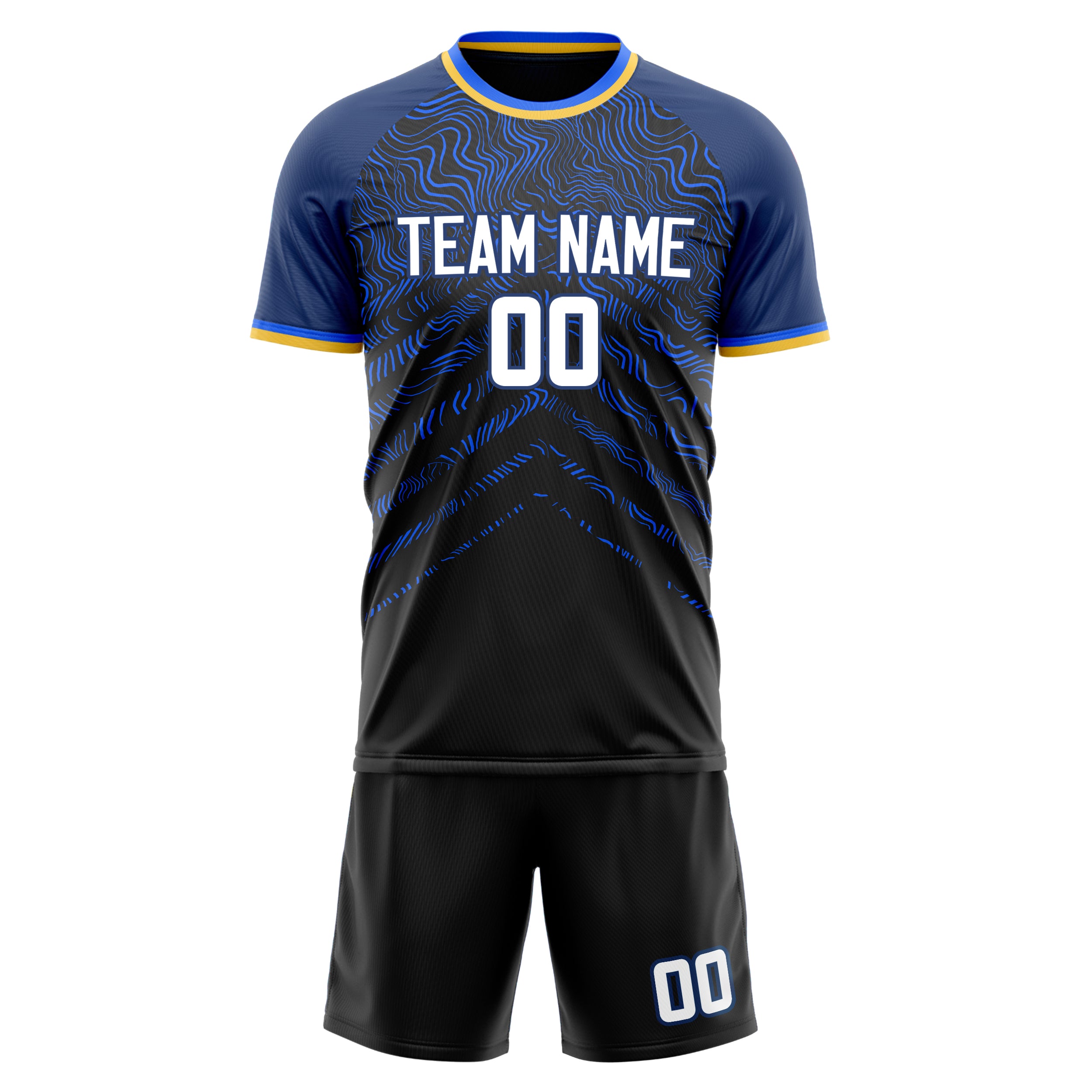 Custom Black Navy GeometricalPattern Soccer Jersey