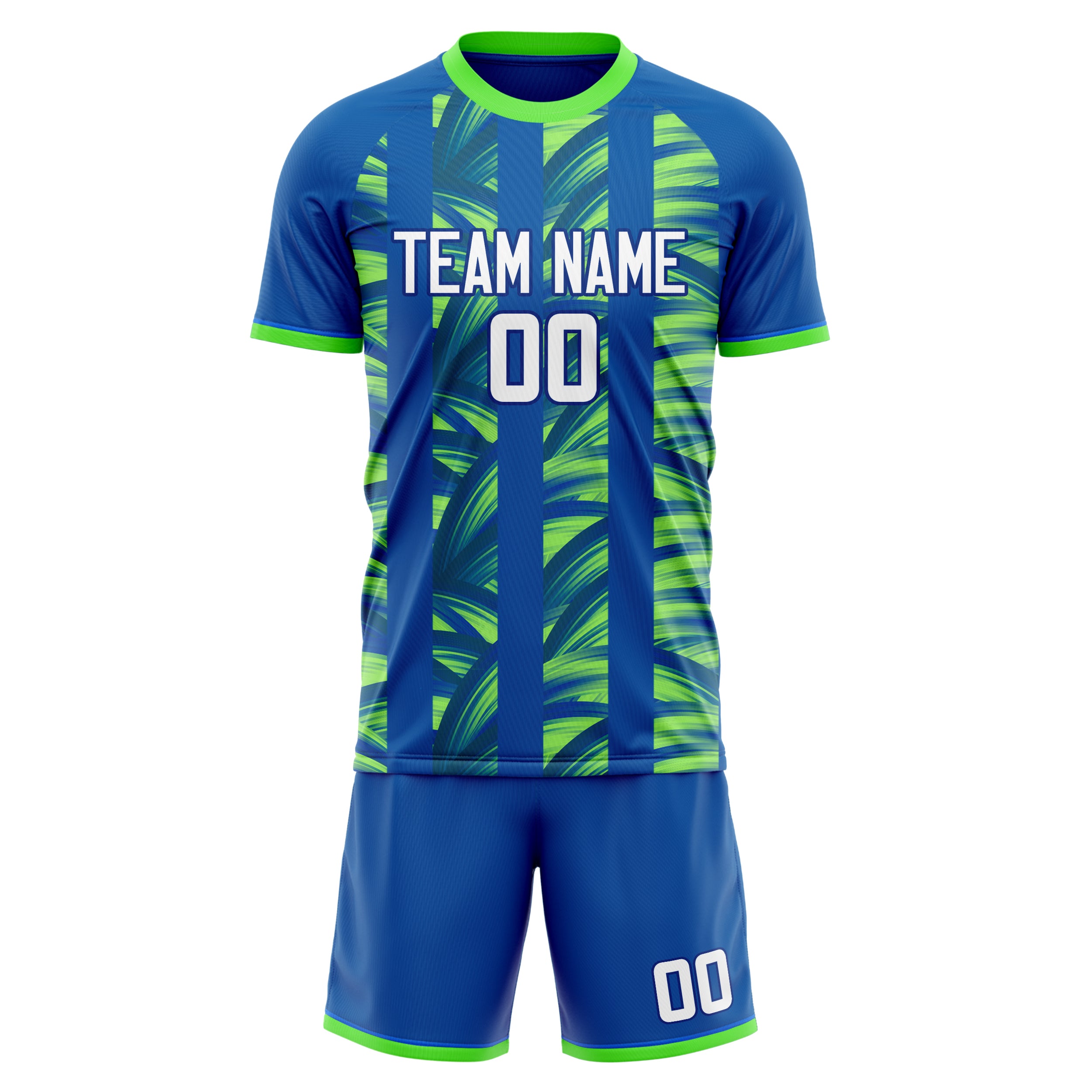 Custom Blue Neon Green GeometricalPattern Soccer Jersey