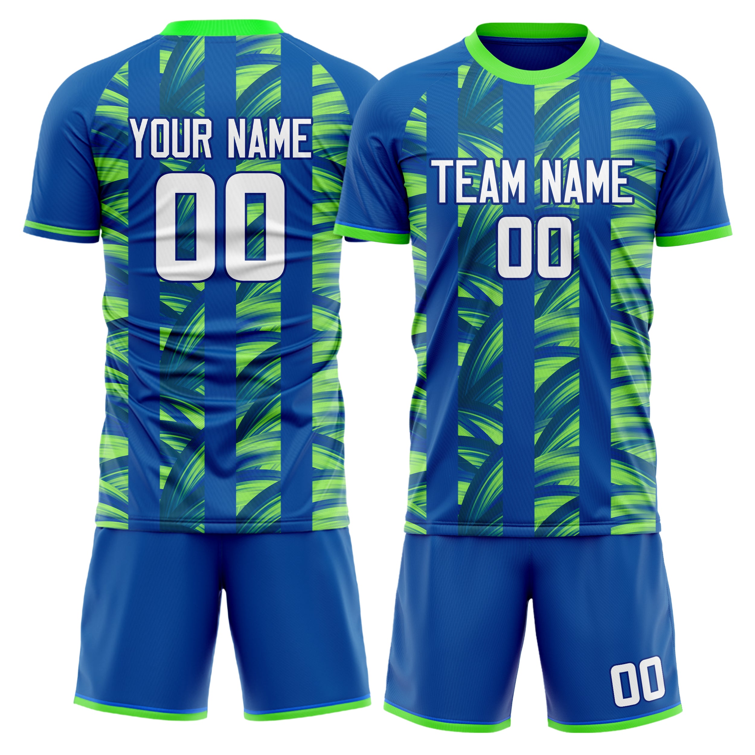 Custom Blue Neon Green GeometricalPattern Soccer Jersey