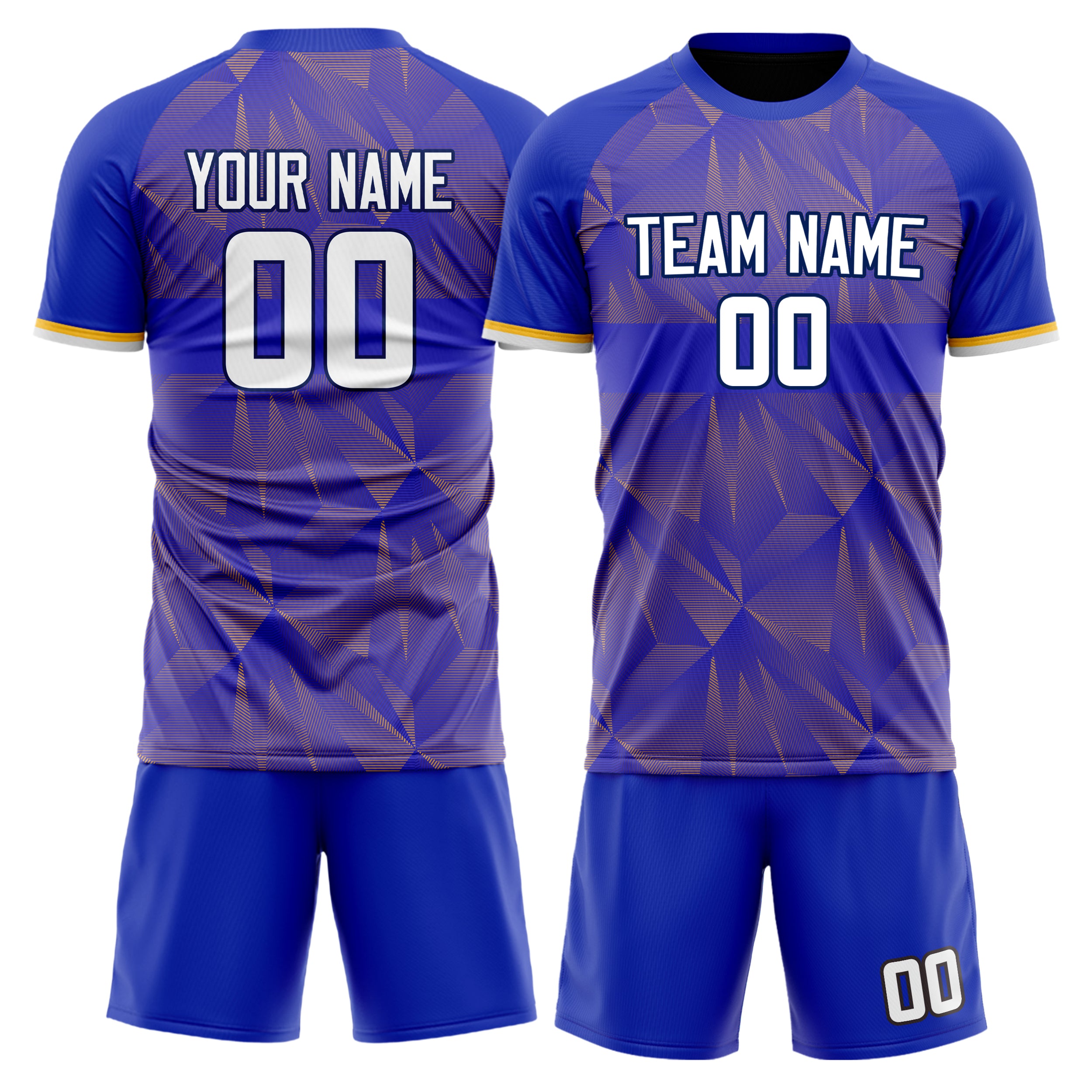 Custom Blue Gold GeometricalPattern Soccer Jersey