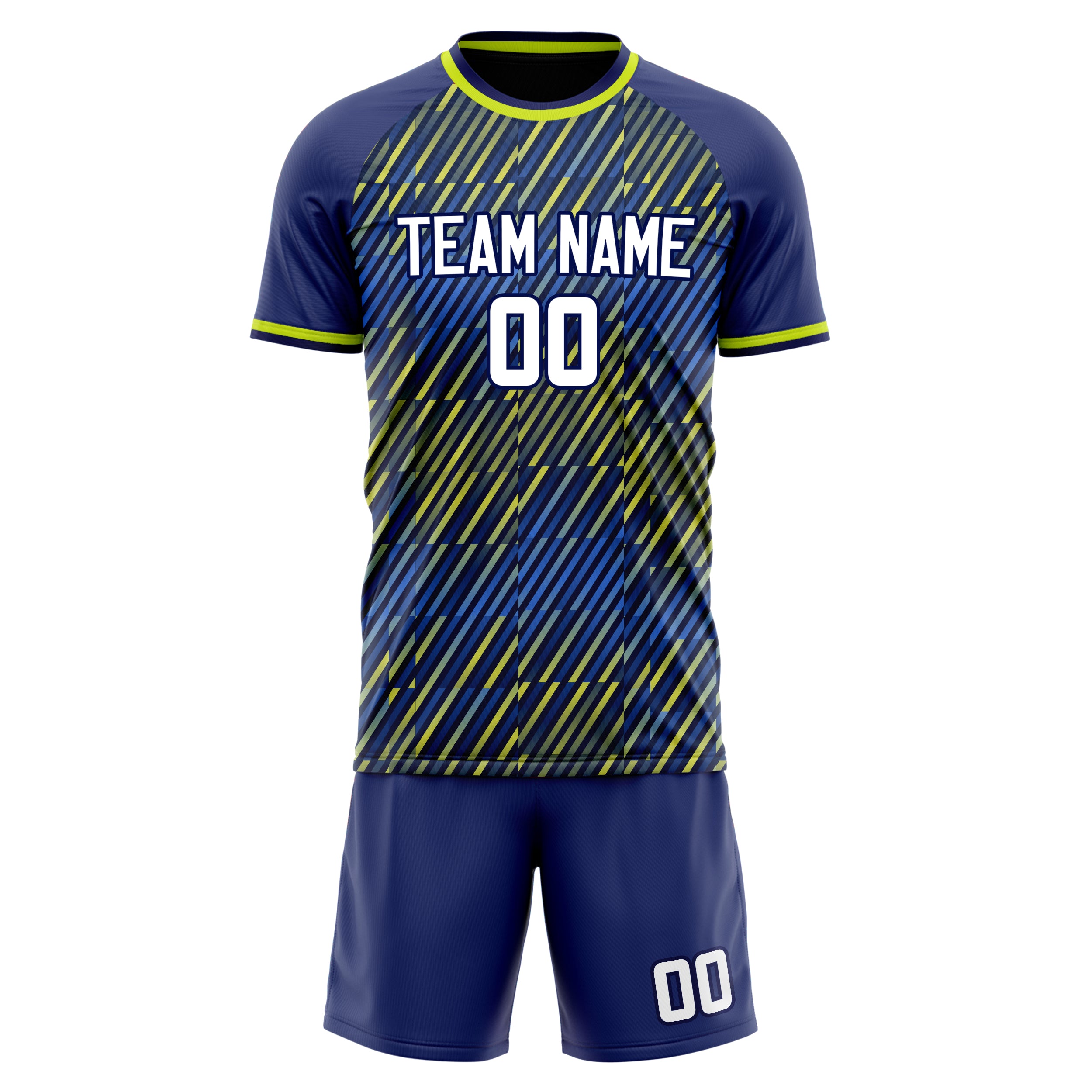 Custom Navy Yellow GeometricalPattern Soccer Jersey