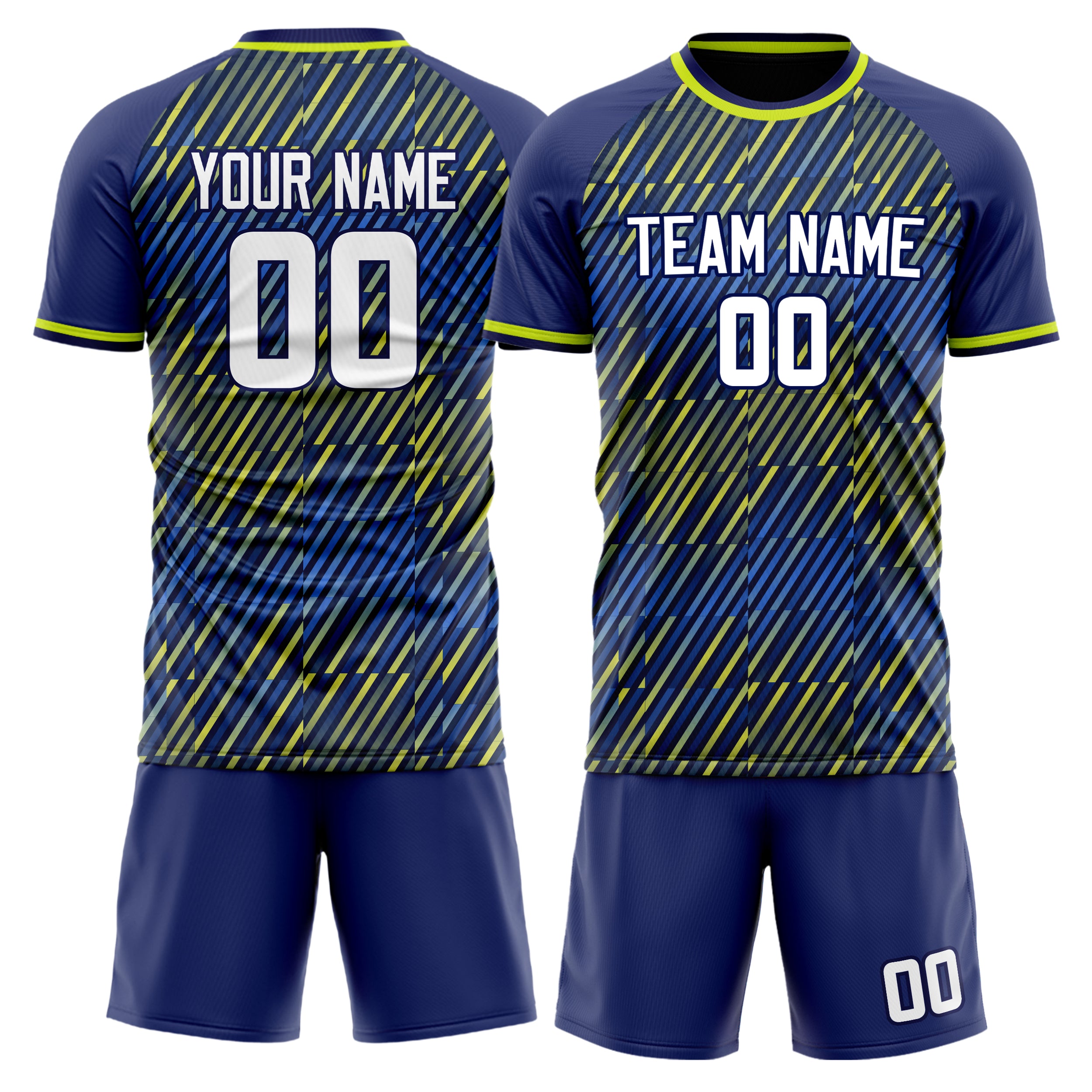 Custom Navy Yellow GeometricalPattern Soccer Jersey