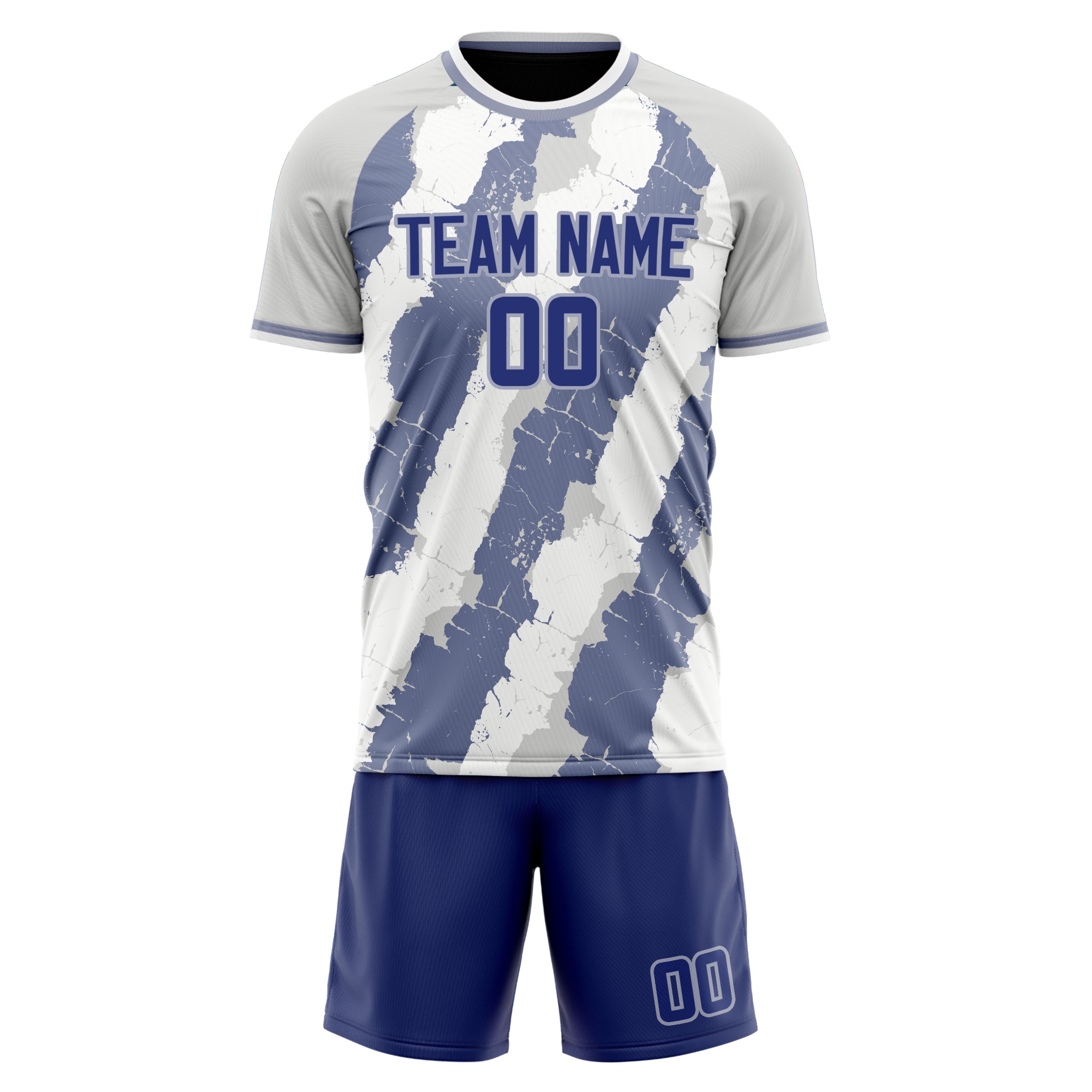 Custom White Greyish Blue GeometricalPattern Soccer Jersey