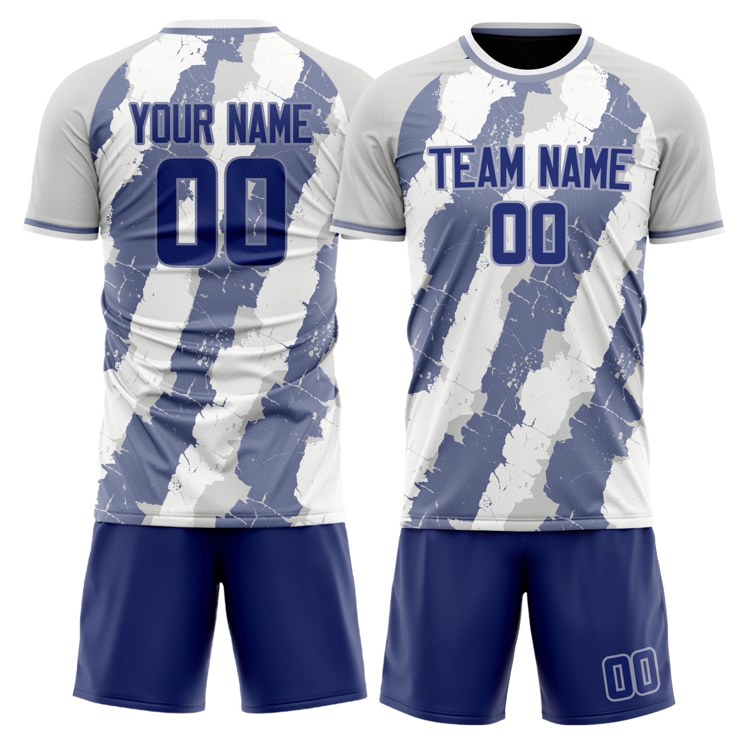 Custom White Greyish Blue GeometricalPattern Soccer Jersey