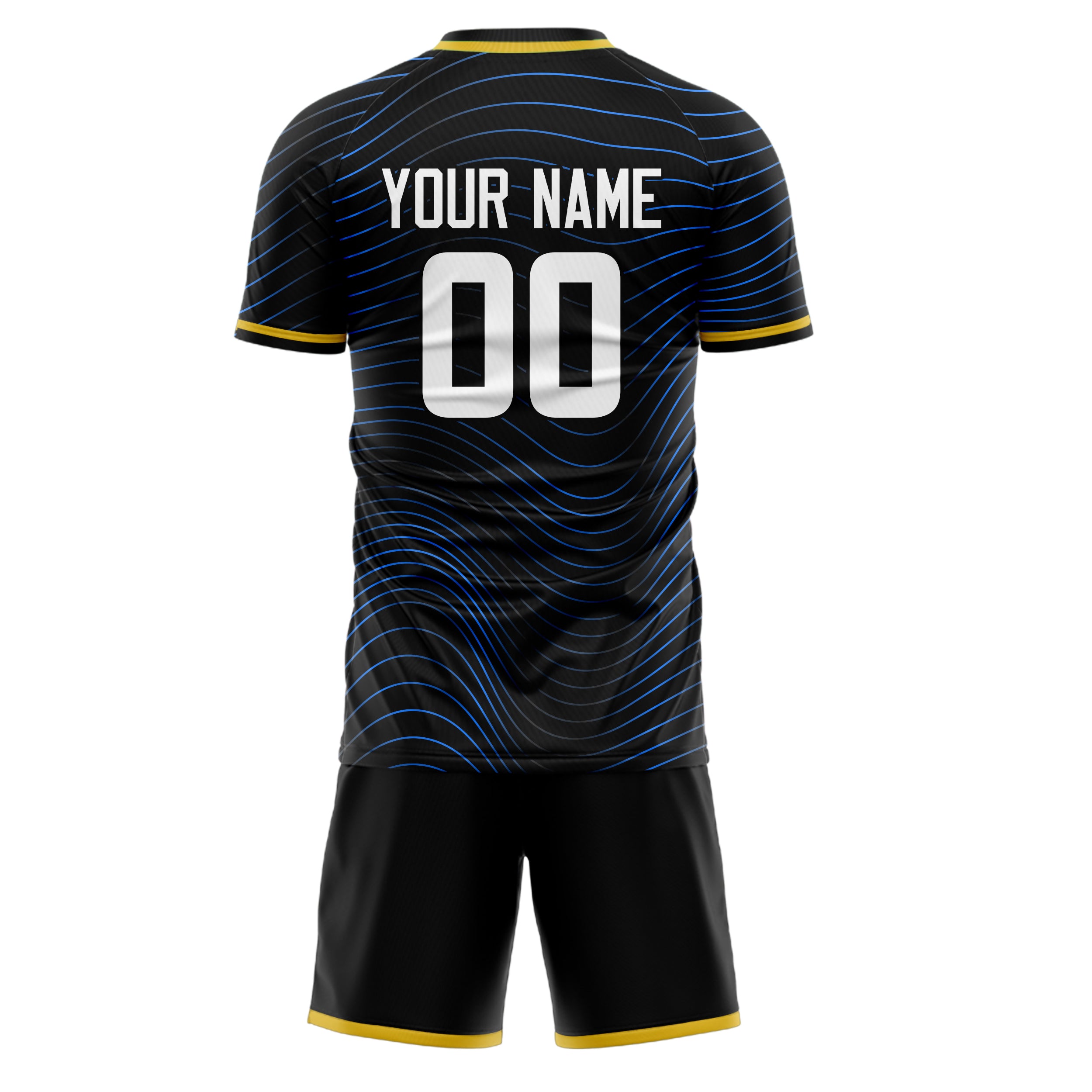 Custom Black Blue GeometricalPattern Soccer Jersey