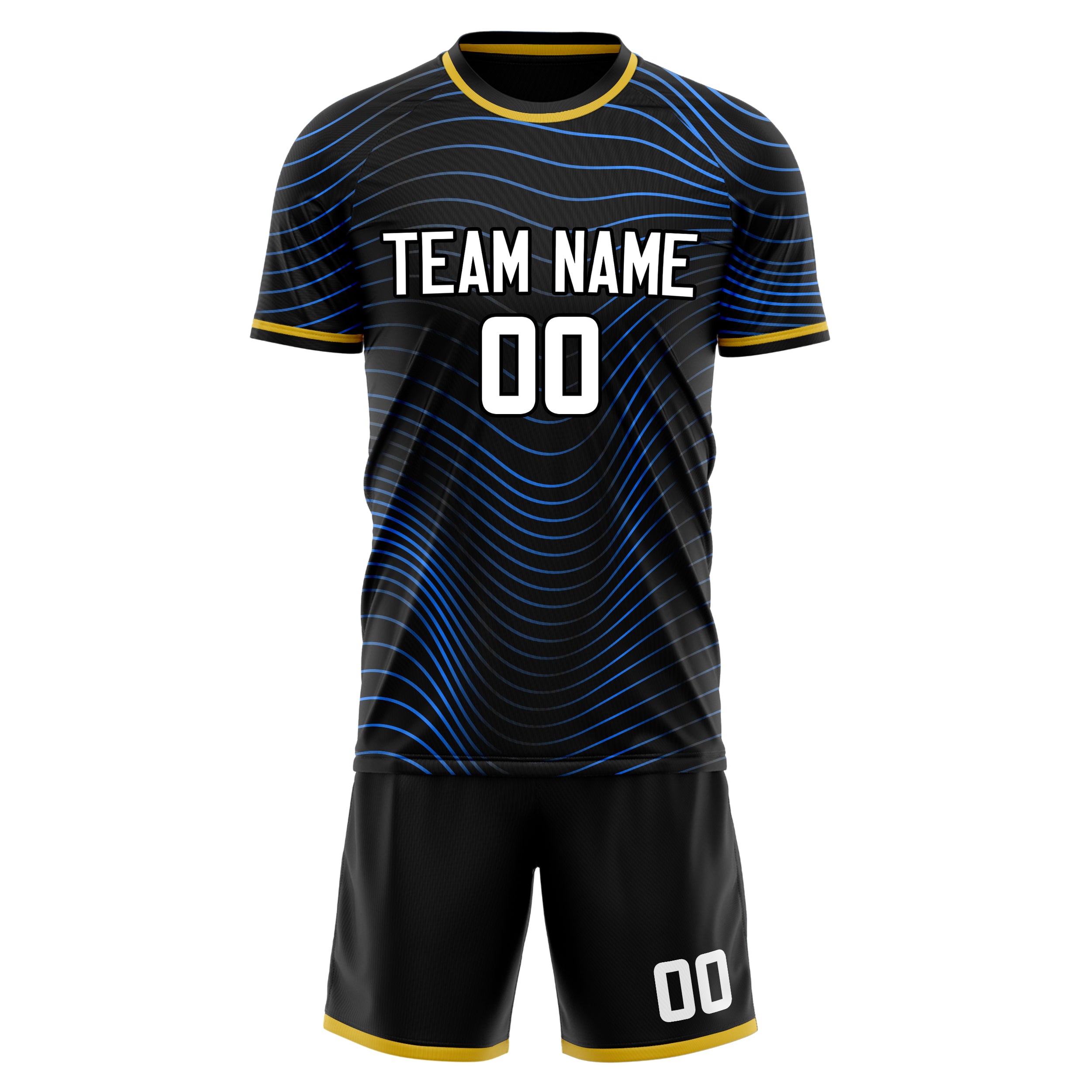 Custom Black Blue GeometricalPattern Soccer Jersey