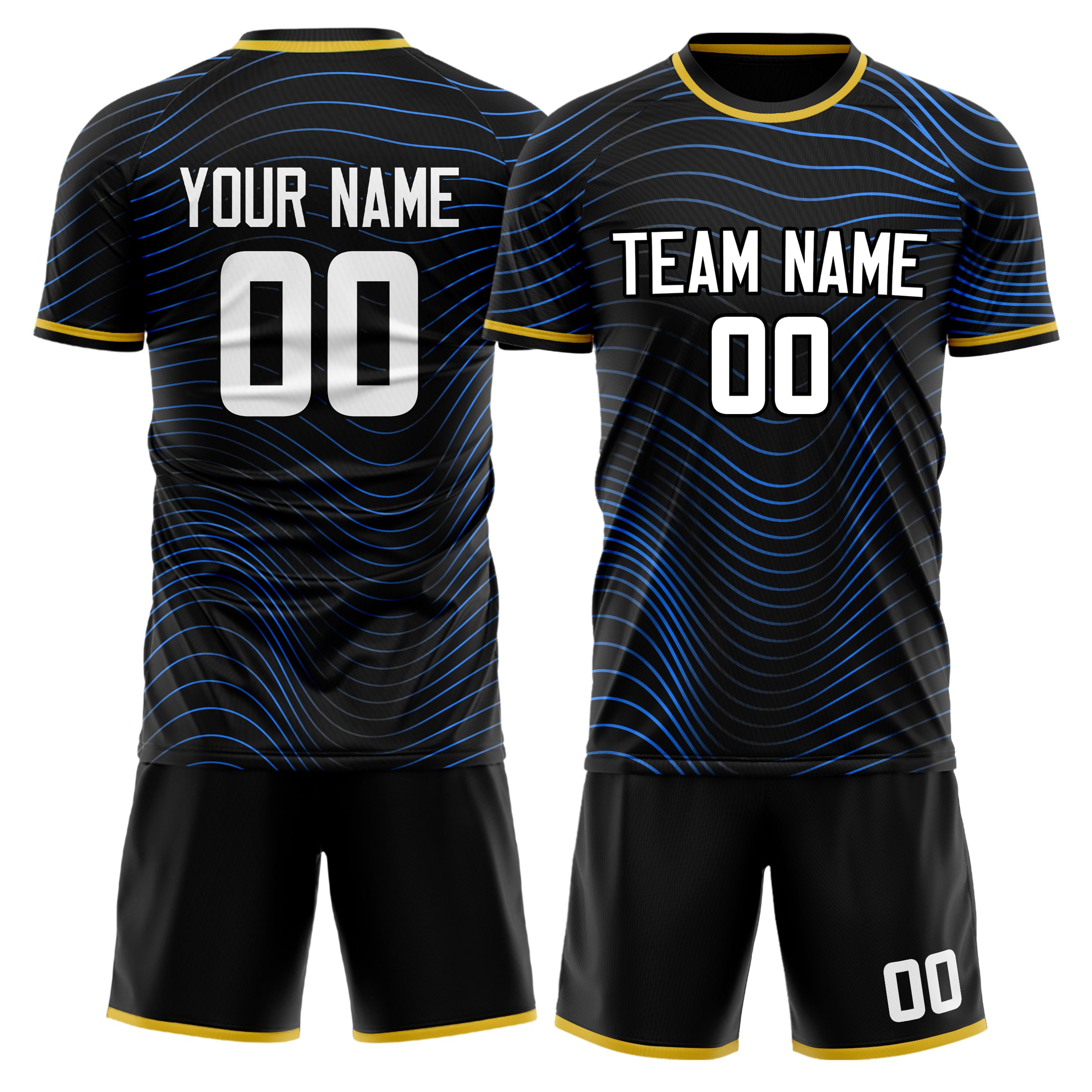 Custom Black Blue GeometricalPattern Soccer Jersey