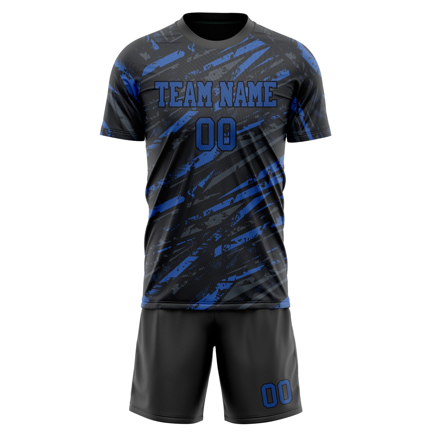 Custom Black Blue GeometricalPattern Soccer Jersey