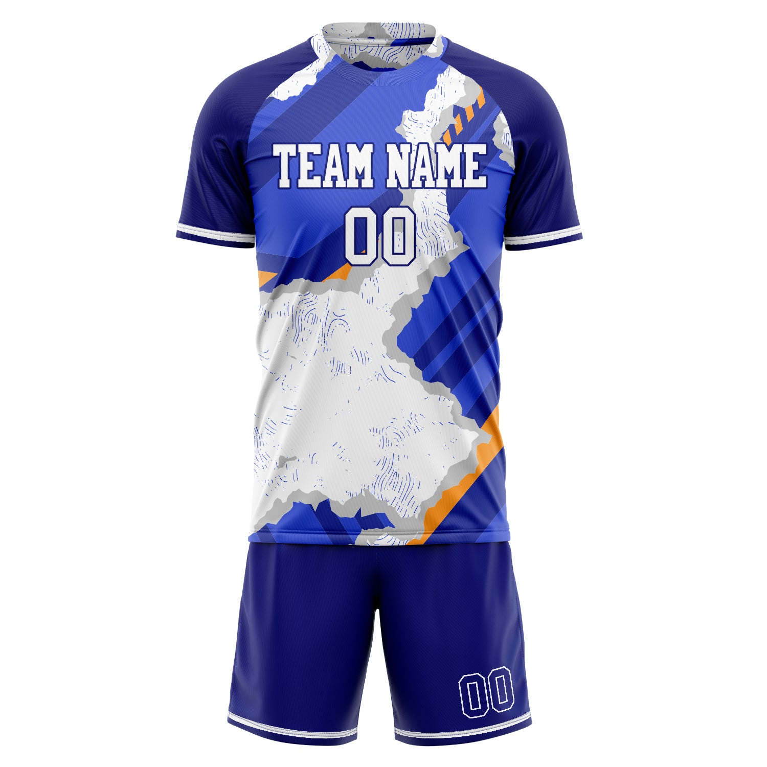 Custom White Blue GeometricalPattern Soccer Jersey