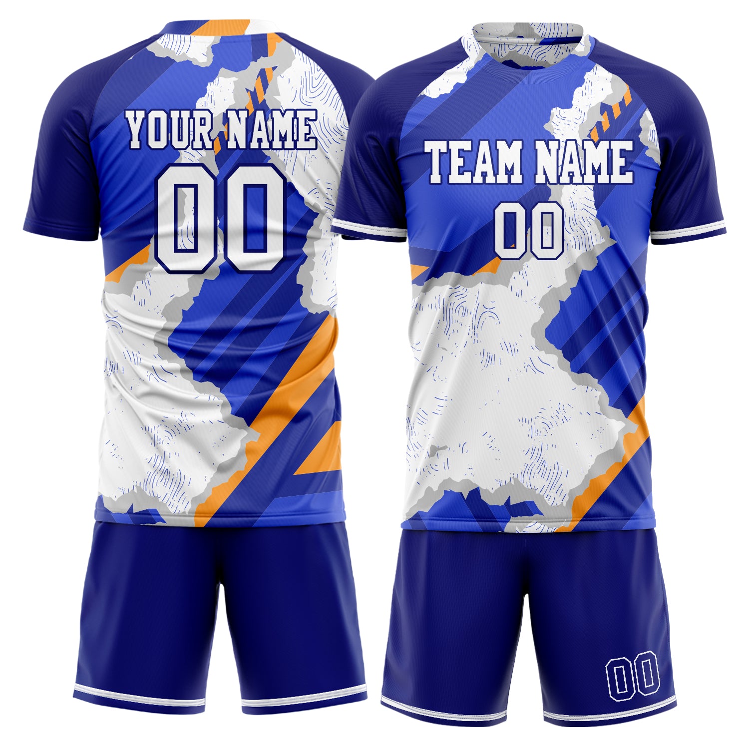 Custom White Blue GeometricalPattern Soccer Jersey