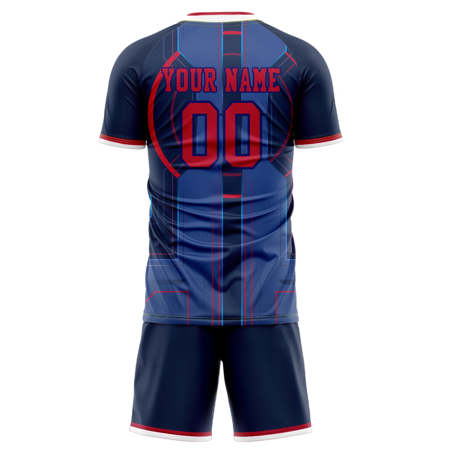 Custom Navy Red GeometricalPattern Soccer Jersey