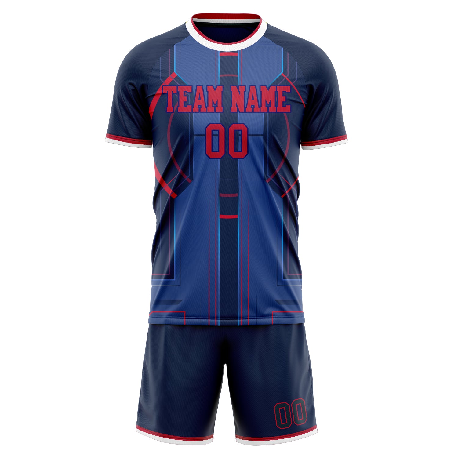 Custom Navy Red GeometricalPattern Soccer Jersey