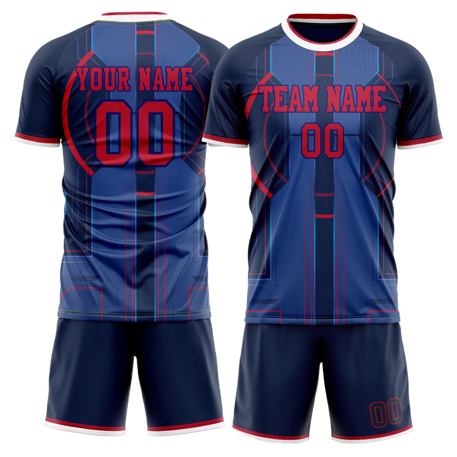 Custom Navy Red GeometricalPattern Soccer Jersey