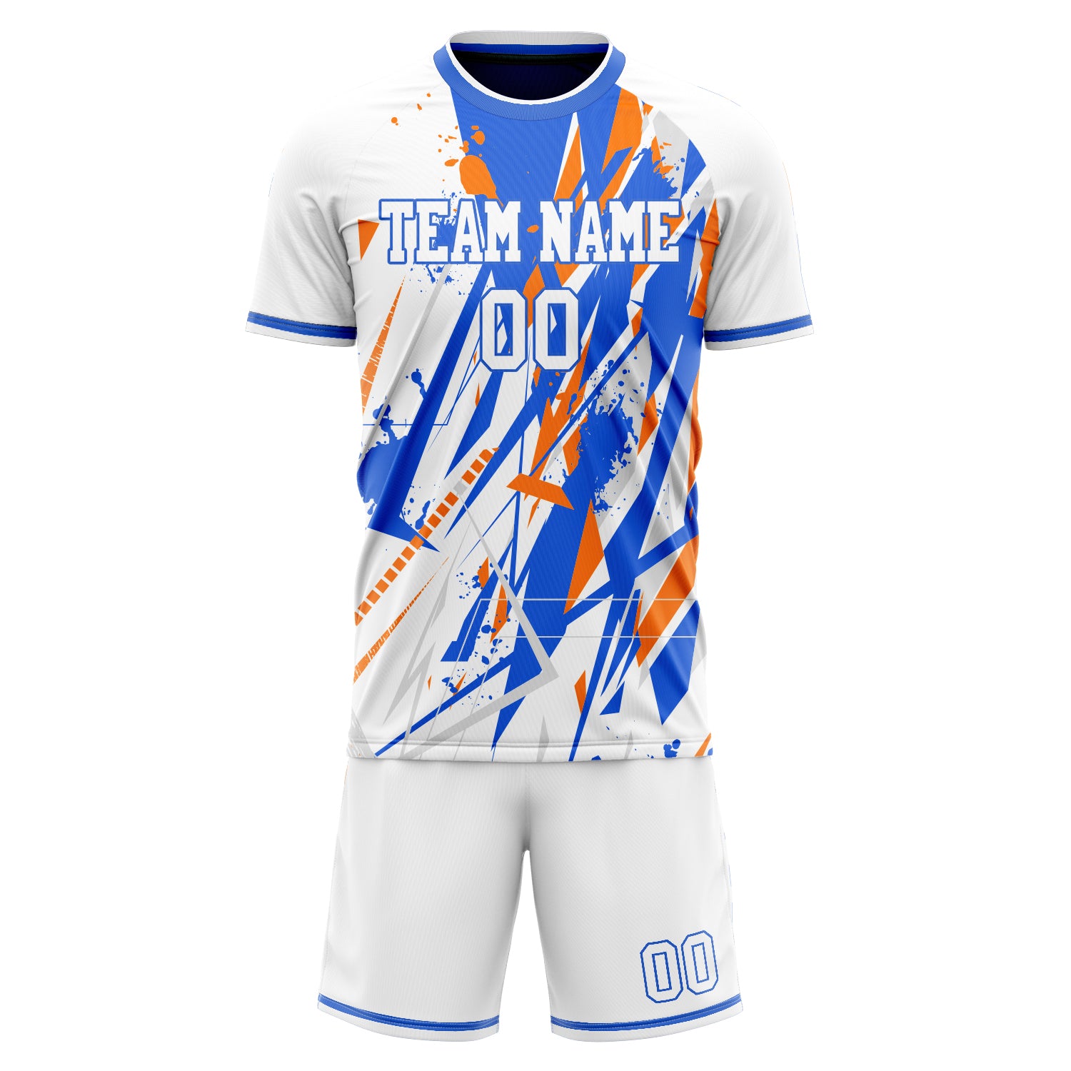 Custom White Blue GeometricalPattern Soccer Jersey