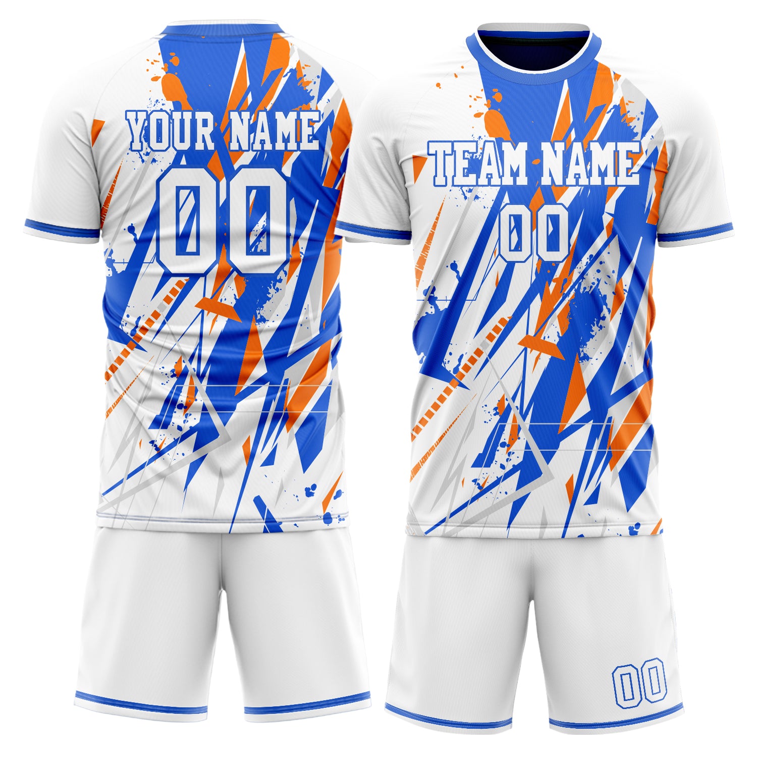 Custom White Blue GeometricalPattern Soccer Jersey