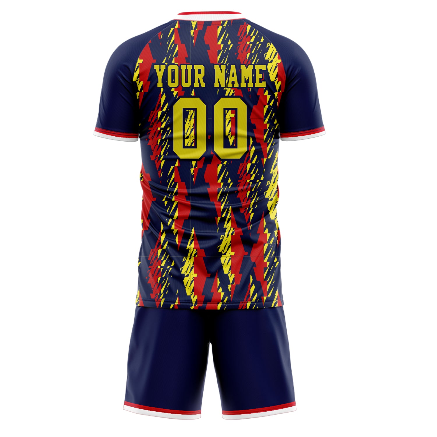 Custom Navy Red GeometricalPattern Soccer Jersey